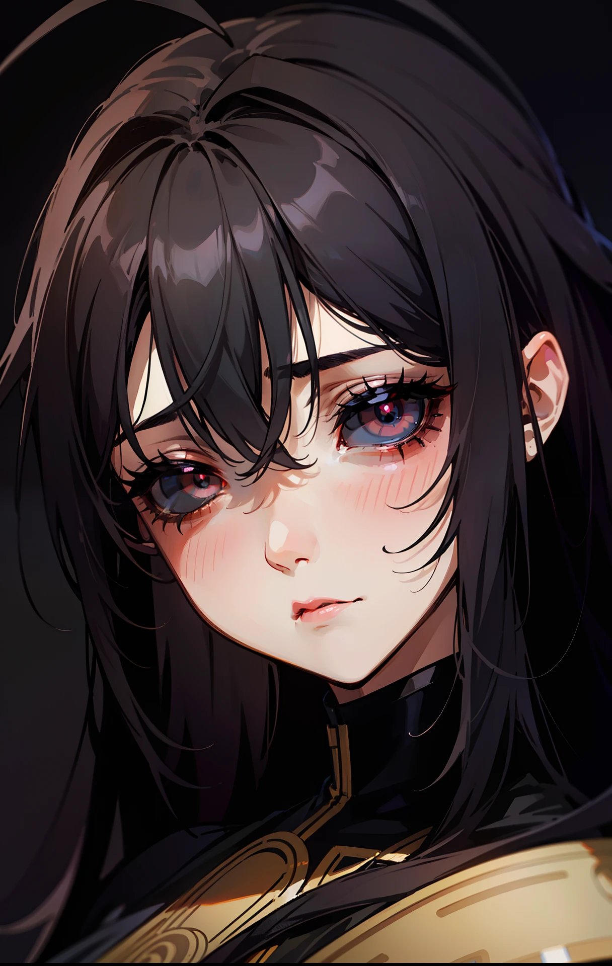 Original Character,8k, Masterpiece, Best Quality,Detailed, Beautiful Detailed Eyes, solo,fine skin,blush,portrait,black eyes,black sclera,black hair,long hair,(hair 2antennas),looking to view,black background