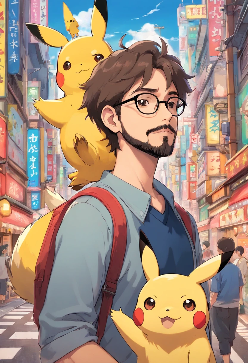 Homem de cor morena, of glasses and beard, with pikachu on his shoulder in the middle of Tokyo