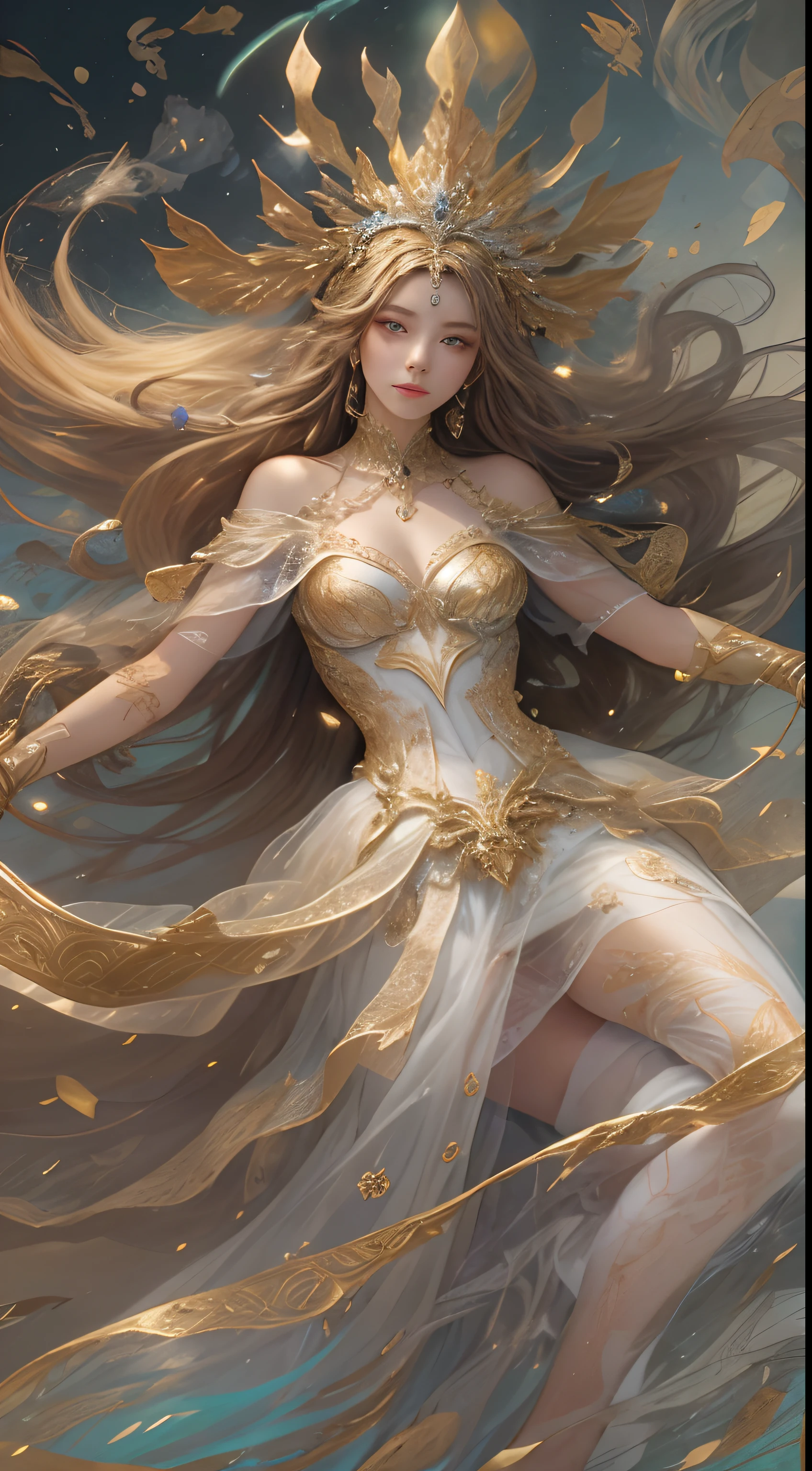 Mulher em um vestido transparente dourado,salto alto, (((Seios enormes, clivagem grande))),cintura fina,(cintura nua), cabelos longos, Cabelos micro-cacheados, Detalhes ultra-detalhados,Zhenyi Station top of the range, Local da tempestade, arte de fantasia detalhada, arte de personagem impressionante, Arte de personagem bonita e requintada, Bela armadura de ouro e prata, extremamente detalhado, Menina na armadura brilhante, Tiaras e joias requintadas,filigrana de joias de cristal, Captura de corpo inteiro, milky ways, visuais deslumbrantes, (dynamic streaks, trilhas leves:1.2), cores vibrantes,