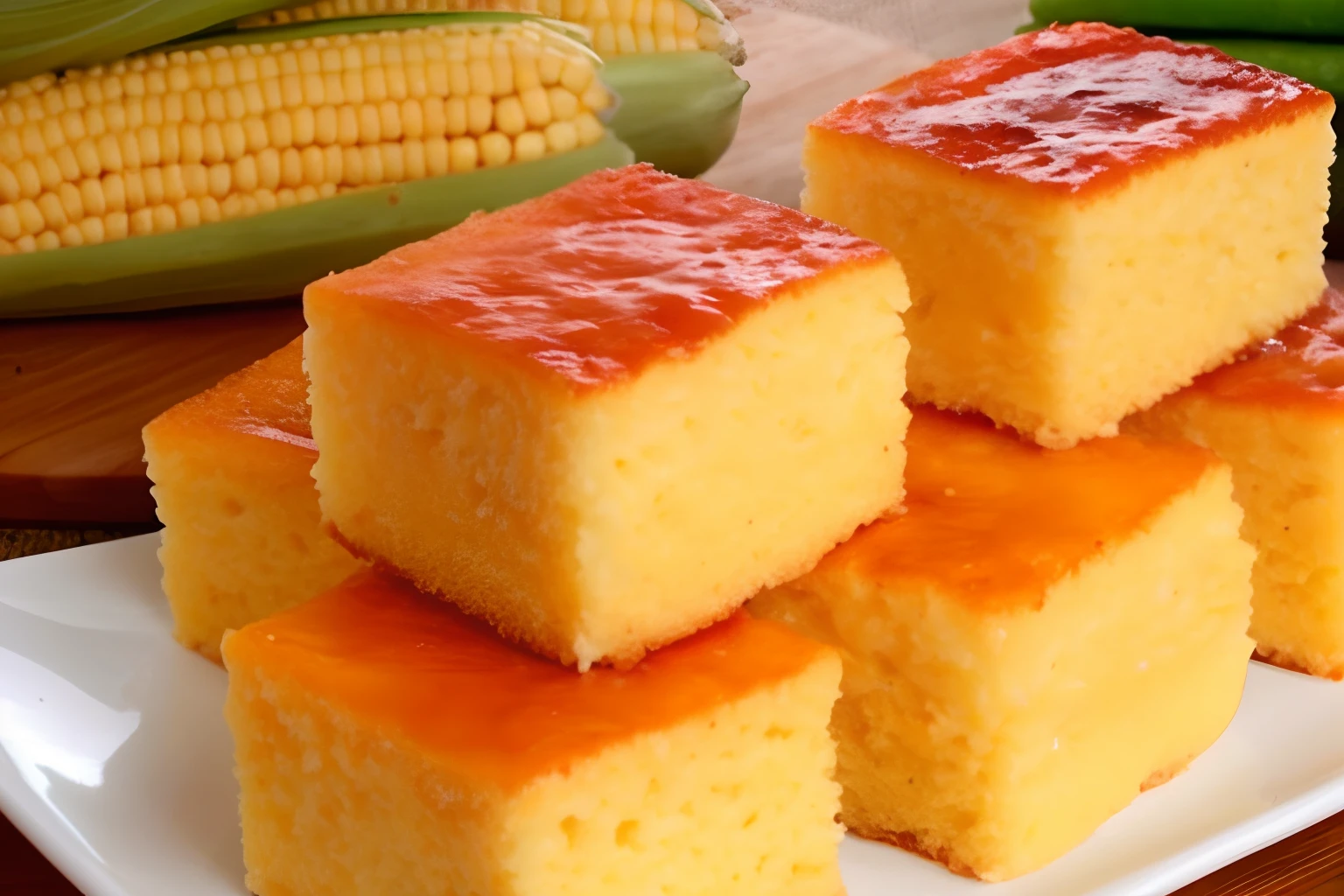 um close up de um prato de broas de milho com uma espiga de milho ao fundo, bolo, Very high quality, effortless, receita, extremely high quality, milho, delicioso, alta qualidade!!!!!, imagem do produto de alta qualidade", classic, grains", Ultra alta qualidade, basic, caseoso, qualidade superior, feito de queijo, barato, Pudim, alta qualidade ", alta qualidade"