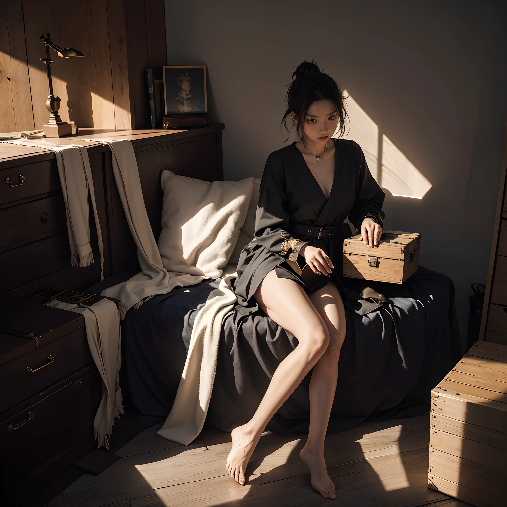 Photo, Piece of art, masutepiece, Super Detail, High quality, awardwinning, 8K, Photorealistic, boxes, Medium size, dark turbid color, Long shadows due to lighting, Mysterious, Pandora's Box, Fantastic background, Detailed fingers, hands on thighs