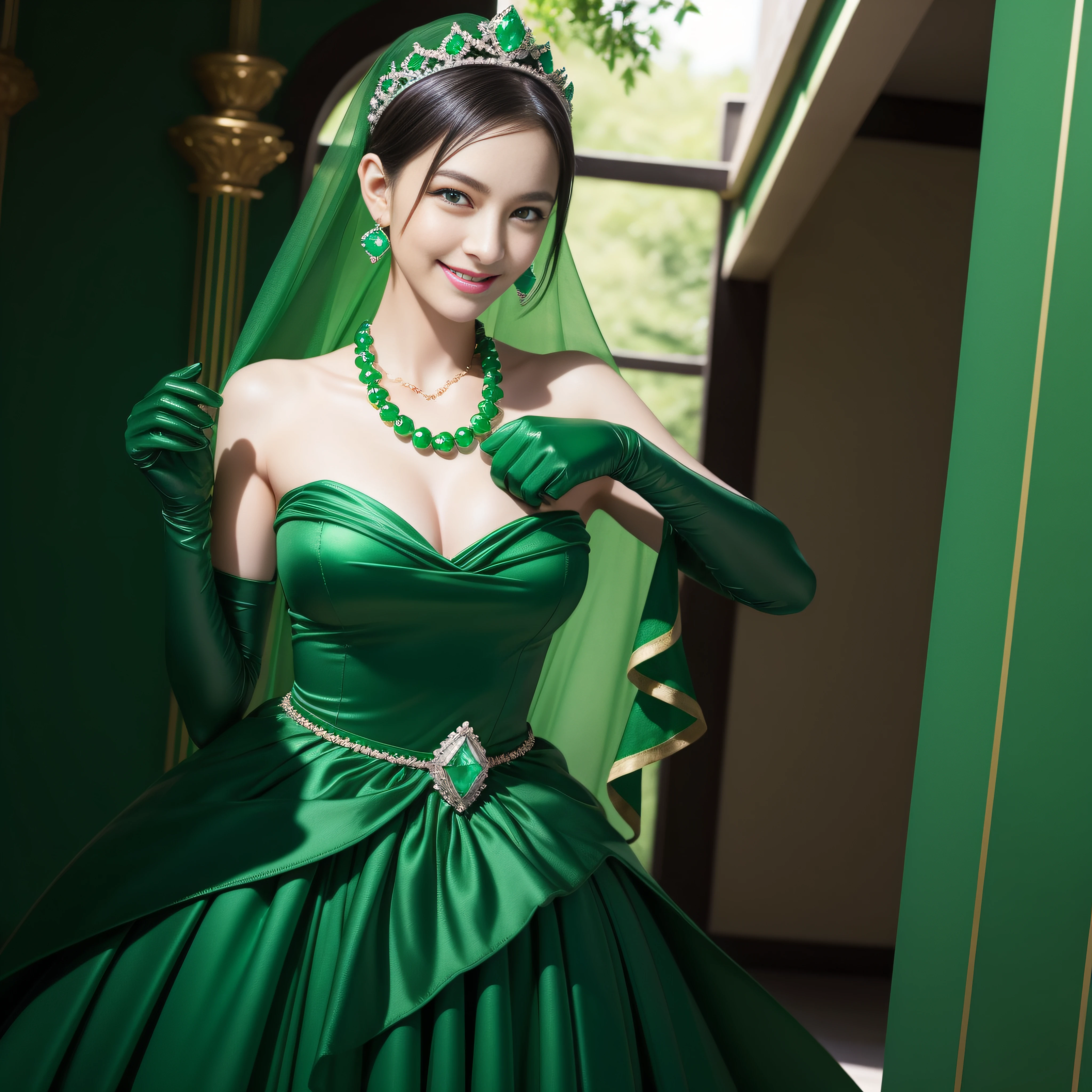 emerald tiara, Green Pearl Necklace, Boyish very short black hair, lipsticks, Japan woman smiling, very short short hair, big breasts beautiful, Green eyes, Long green gloves made of satin material, Green eyes, Emerald Earrings