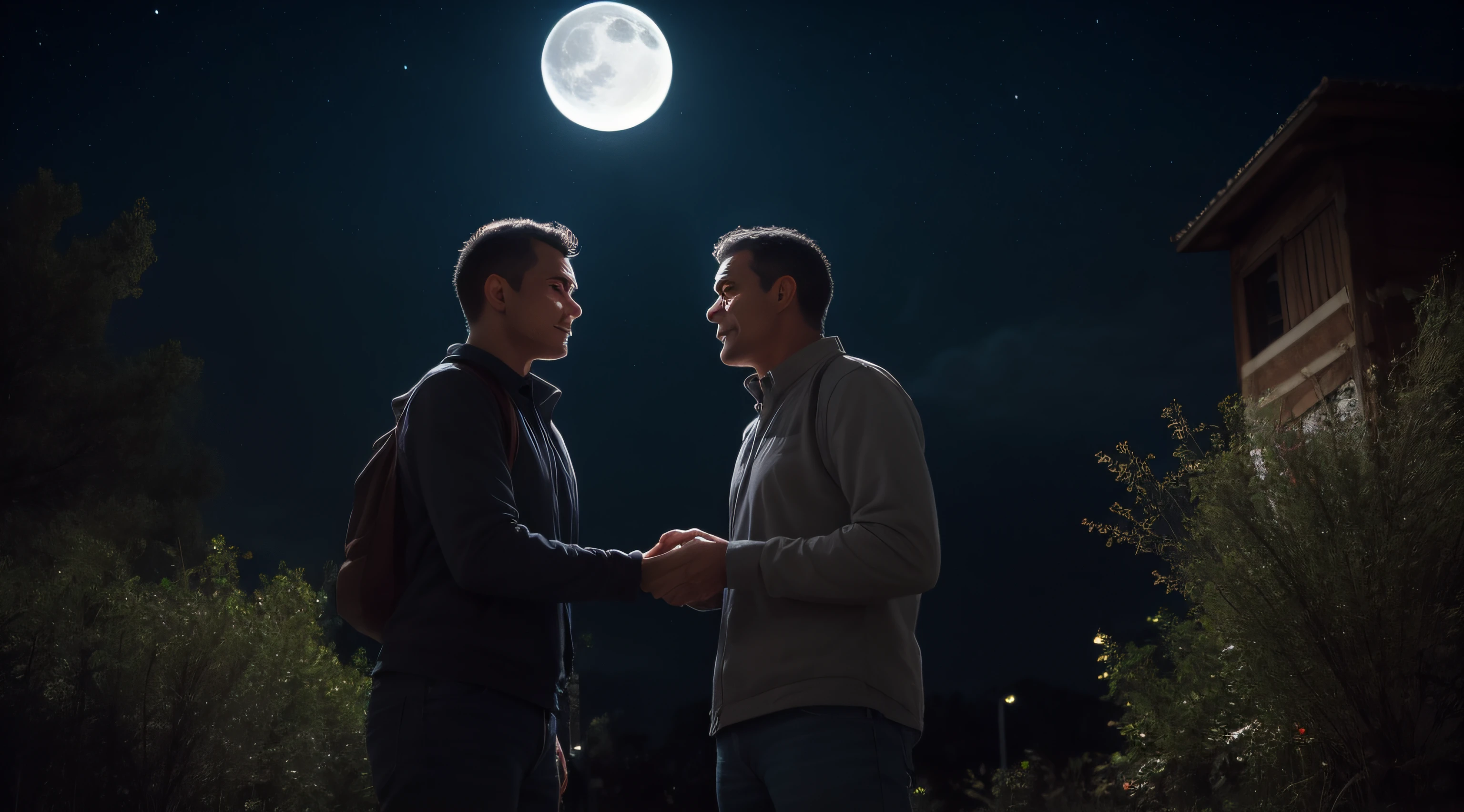 Two men greeting each other with a handshake, twin brothers, rua noturna, moon illumination, Arte intrincada, Use the HDR effect to extend the dynamic range of the image, Highlight details in light and dark areas