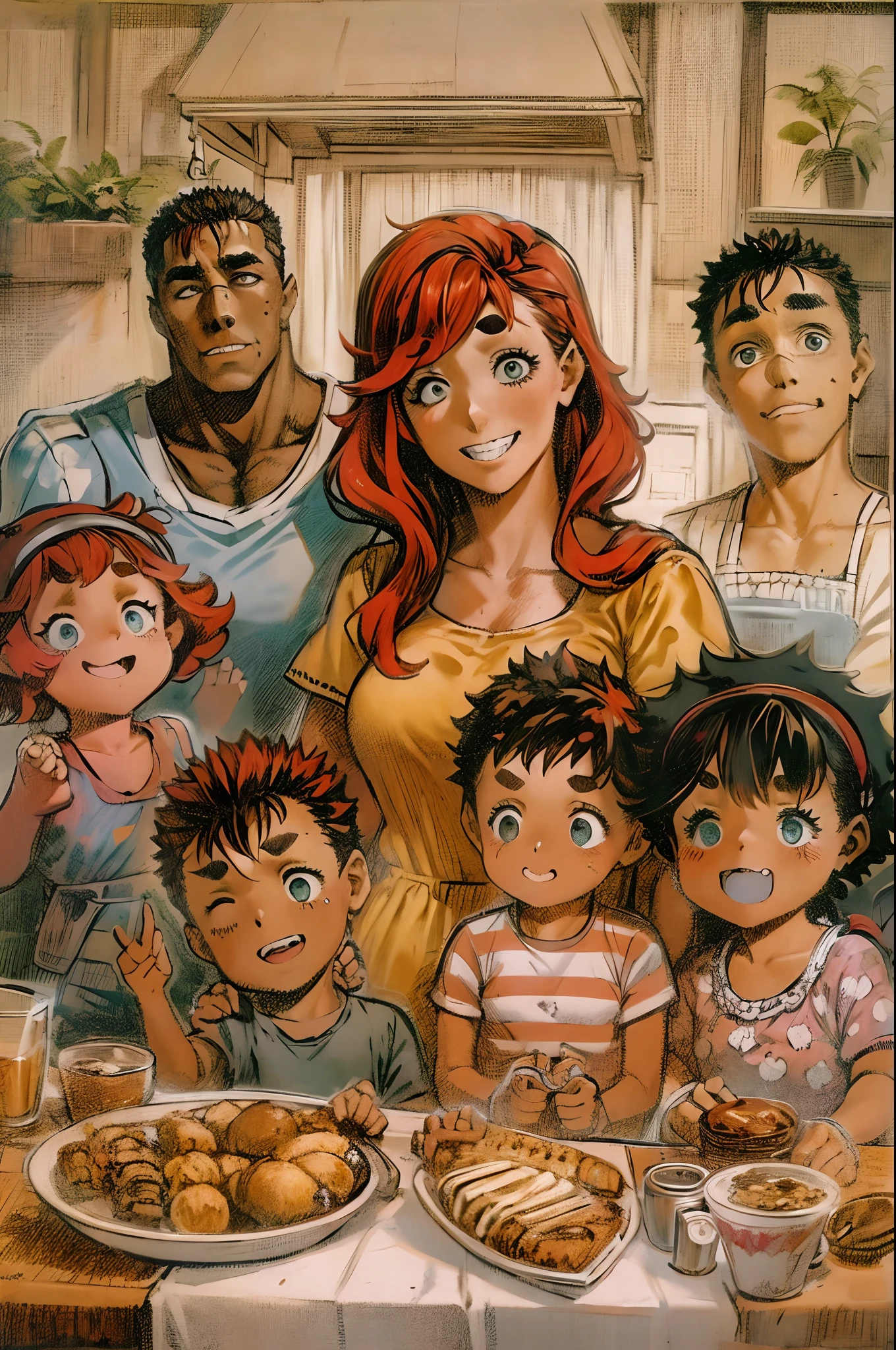 suletta, guts, couple, husband and wife, suletta motherly, house wife, mother and son, children , family, happy, red hair suletta,family breakfest, black hair guts