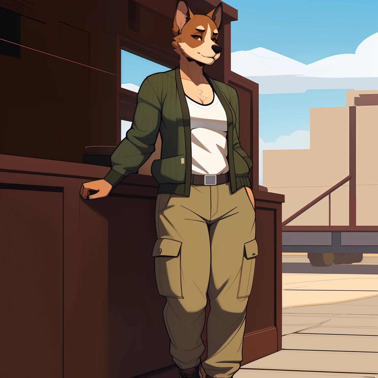 Mature_red_heeler 40_yo female khaki_furry_body brown_eyes cardigan cargo_pants solo Masterpiece best_quality absurdres highly_detailed cleanly_drawn_eyes anthro_only by_claweddrip, by_greasymojo, by_underscore-b, by_runawaystride
