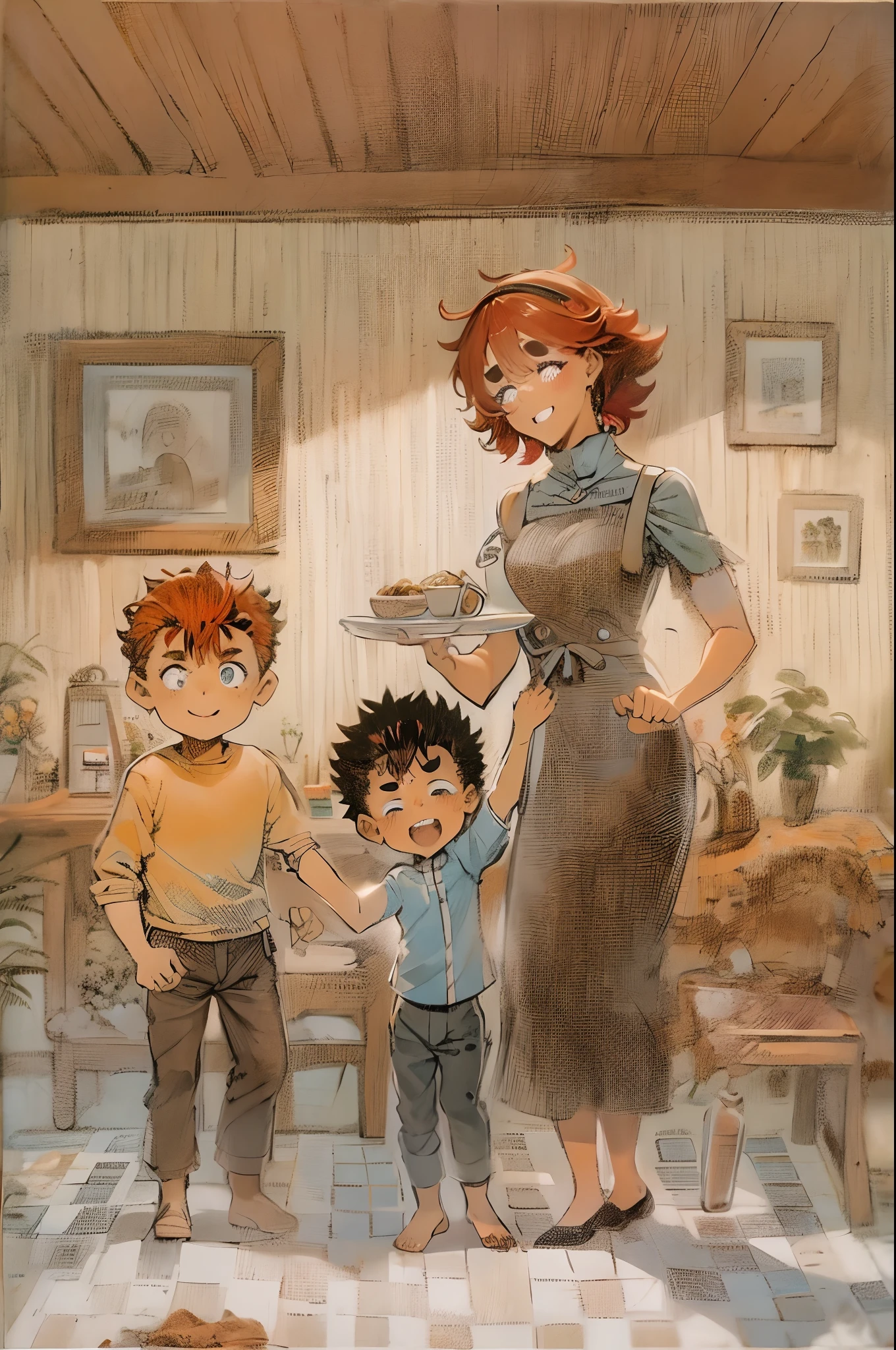 suletta, guts, couple, husband and wife, suletta motherly, house wife, mother and son, children , family, happy, red hair suletta,family breakfest, black hair guts