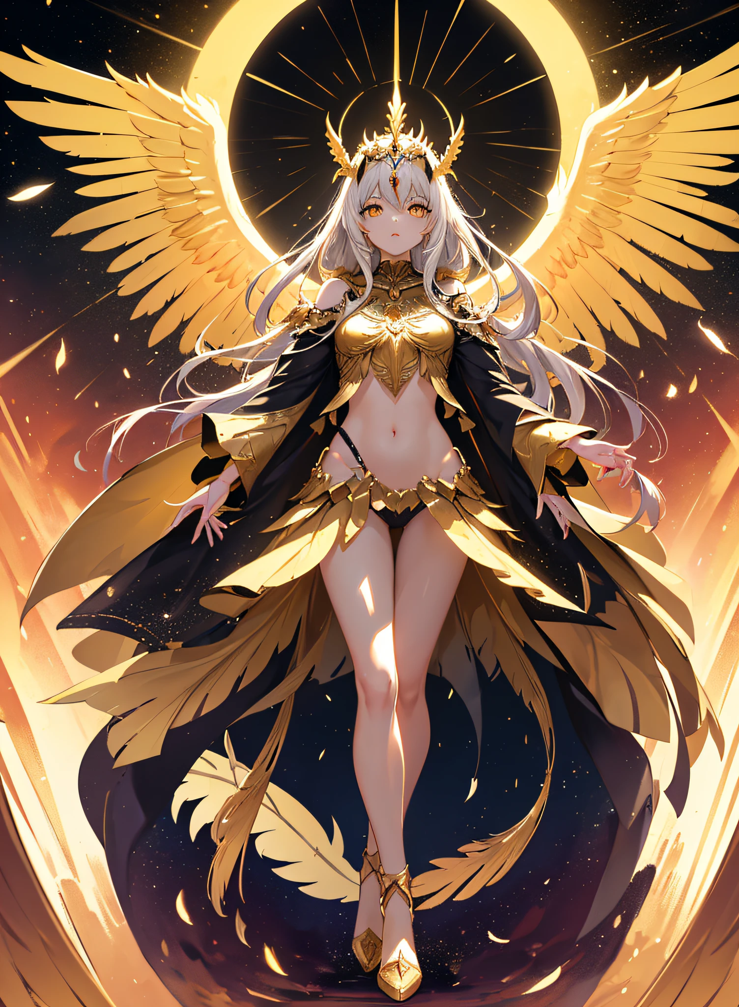 Valkirie, multi-winged, flying feathers, goddess crown, glowing yellow eyes, oppressive look, evil face, few clothes, full body, golden details on body, (ultra-realistic), {extremely detailed CG unit 8k wallpaper }, Expansive landscape photography, (a view from below showing the sunset, expansive open field view), (low-angle shot), (light: 0.5), (warm light source: 1.0), complex details, (Iridescent colors: 1.5), (bright lighting), (atmospheric lighting), (solo: 2.0)