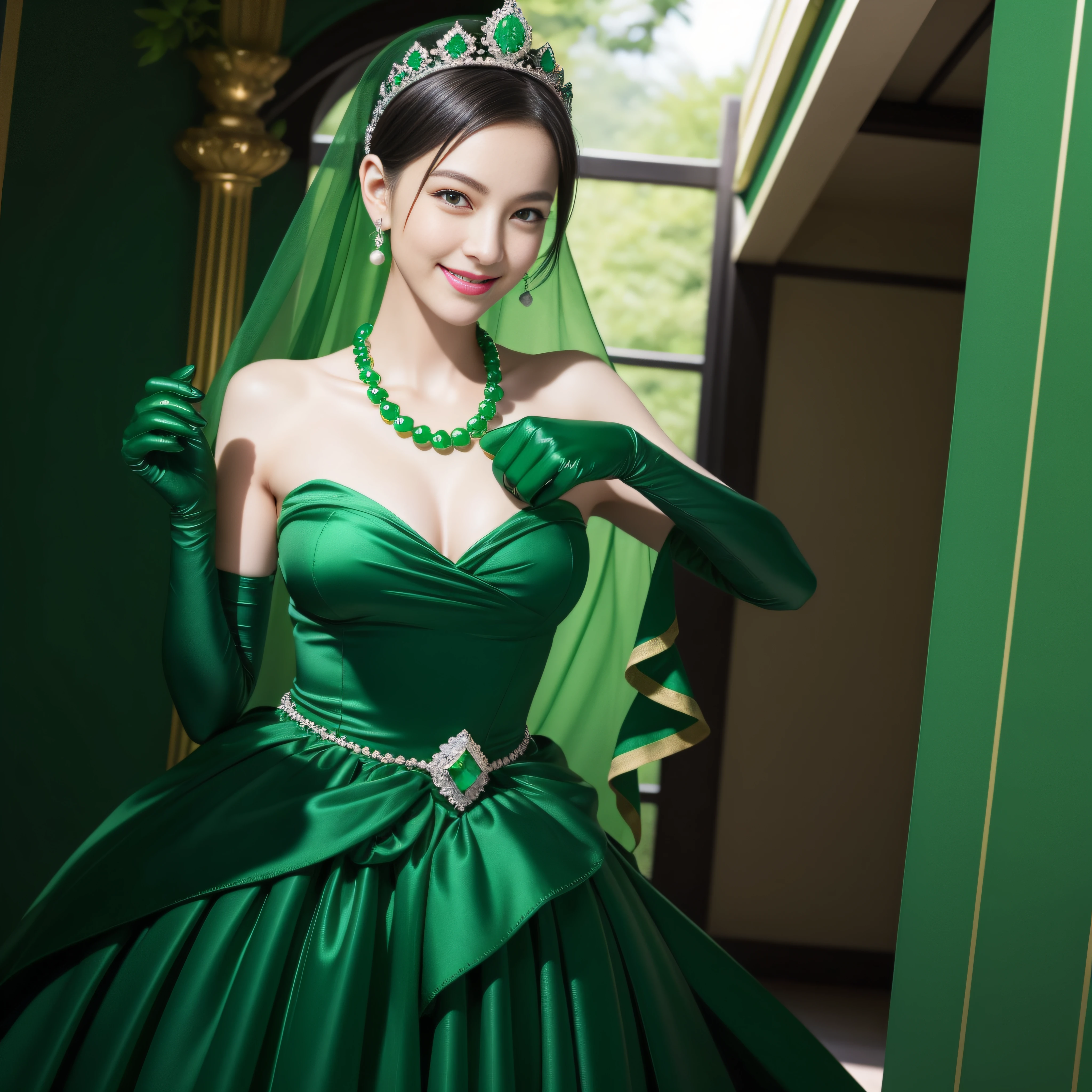 emerald tiara, Green Pearl Necklace, Boyish very short black hair, lipsticks, Japan woman smiling, very short short hair, big breasts beautiful, Green eyes, Long green gloves made of satin material, Green eyes, Emerald Earrings