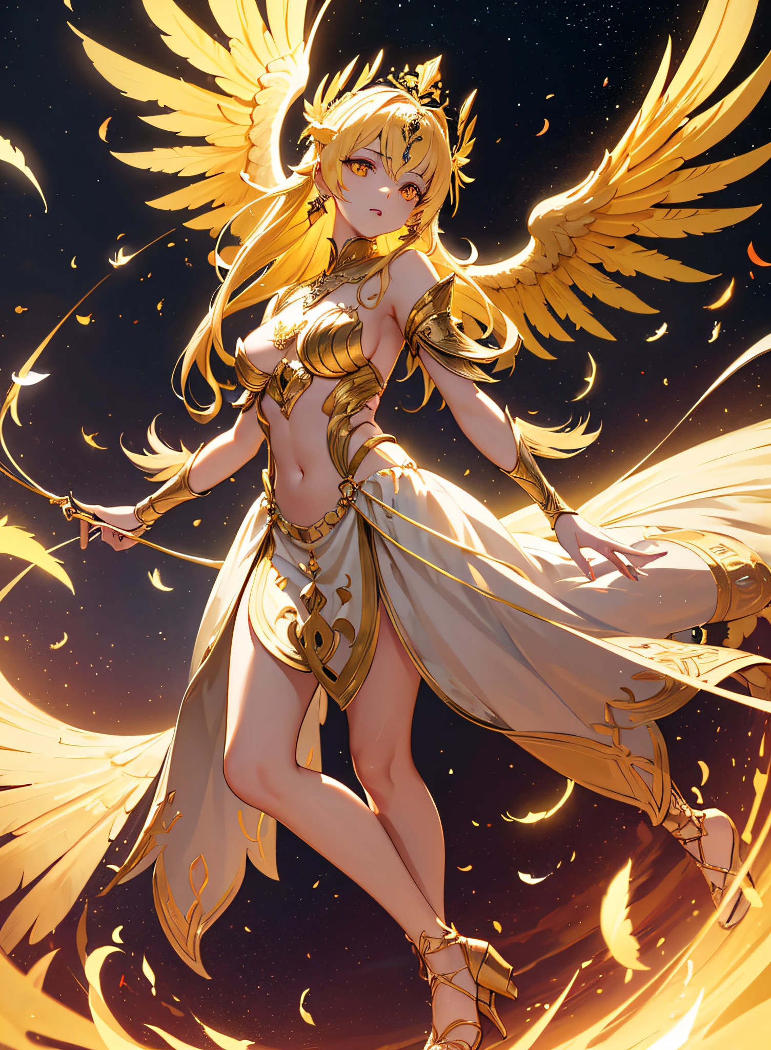 Valkirie, multi-winged, flying feathers, goddess crown, glowing yellow eyes, oppressive look, evil face, few clothes, full body, golden details on body, (ultra-realistic), {extremely detailed CG unit 8k wallpaper }, Expansive landscape photography, (a view from below showing the sunset, expansive open field view), (low-angle shot), (light: 0.5), (warm light source: 1.0), complex details, (Iridescent colors: 1.5), (bright lighting), (atmospheric lighting), (solo: 2.0)