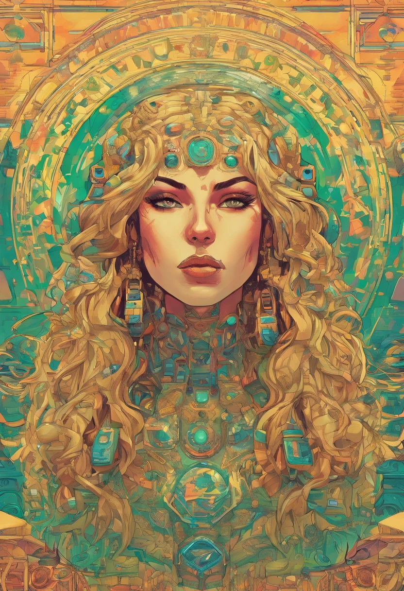 (RAW Photo, best quality), (Hyper Realistic),16k,(realistic, photo-realistic:1.5), Masterpiece,ultra high res, Stunning, Beautiful Milf Latin Brazilian Woman Goddess of Multiverse, Impossing Pose, Athletic Body, Suntan Skin, Wearing Egyptian Jewels Futuristic Cut Armor and Cloak with Intricate Isometric Fluid Galaxy Bioluminescence Effects, symmetrical, with Galaxies orbiting her body, perfect detailed face, detailed symmetric circular Green iris pupils, ((Gorgeous Long Blonde Fluid Hair)), high detailed Skin, Realistic, intricately detailed, cinematic, Isometric, awesome full color, gritty, mucha, klimt, 16k, hight definition, cinematic, neoprene, behance contest winner, portrait featured on unsplash, smooth, ultra high definition, ultra sharp focus, intricate artwork masterpiece, ominous, epic, TanvirTamim, trending on artstation, highly detailed, vibrant