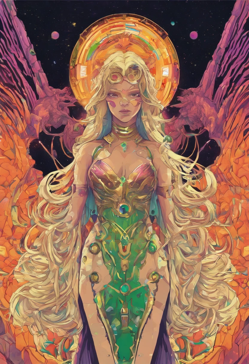 (RAW Photo, best quality), (Hyper Realistic),16k,(realistic, photo-realistic:1.5), Masterpiece,ultra high res, Stunning, Beautiful Milf Latin Brazilian Woman Goddess of Multiverse, Impossing Pose, Athletic Body, Suntan Skin, Wearing Egyptian Jewels Futuristic Cut Armor and Cloak with Intricate Isometric Fluid Galaxy Bioluminescence Effects, symmetrical, with Galaxies orbiting her body, perfect detailed face, detailed symmetric circular Green iris pupils, ((Gorgeous Long Blonde Fluid Hair)), high detailed Skin, Realistic, intricately detailed, cinematic, Isometric, awesome full color, gritty, mucha, klimt, 16k, hight definition, cinematic, neoprene, behance contest winner, portrait featured on unsplash, smooth, ultra high definition, ultra sharp focus, intricate artwork masterpiece, ominous, epic, TanvirTamim, trending on artstation, highly detailed, vibrant
