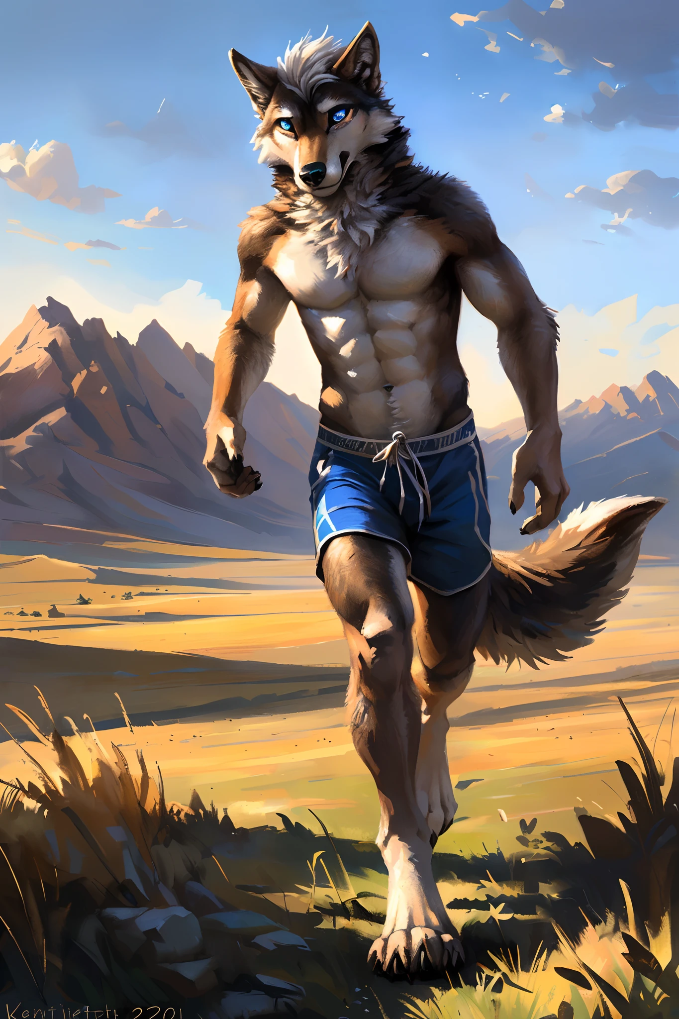 ((Solo)), male people, anthro wolf, (Multi-colored fur, White-brown:1.3), ((Wolf face, White hair, Big eyes, White eyelids, Blue pupil, Slim:1.2) (Tough, Calm expression:1.2)), Abs, Slim, pinging)), (Correct anatomy), (Work shorts:1.1), (Contour bone:1.2), The upper body is naked, (detailed outfits),A big tail，Feet，(Realistic fur, Detailed fur texture, labeled:1.3)), (Natural lighting), Photorealistic, Hyperrealistic, ultradetailed, by Kenket，Endless grasslands，No buildings，erect through，Running on