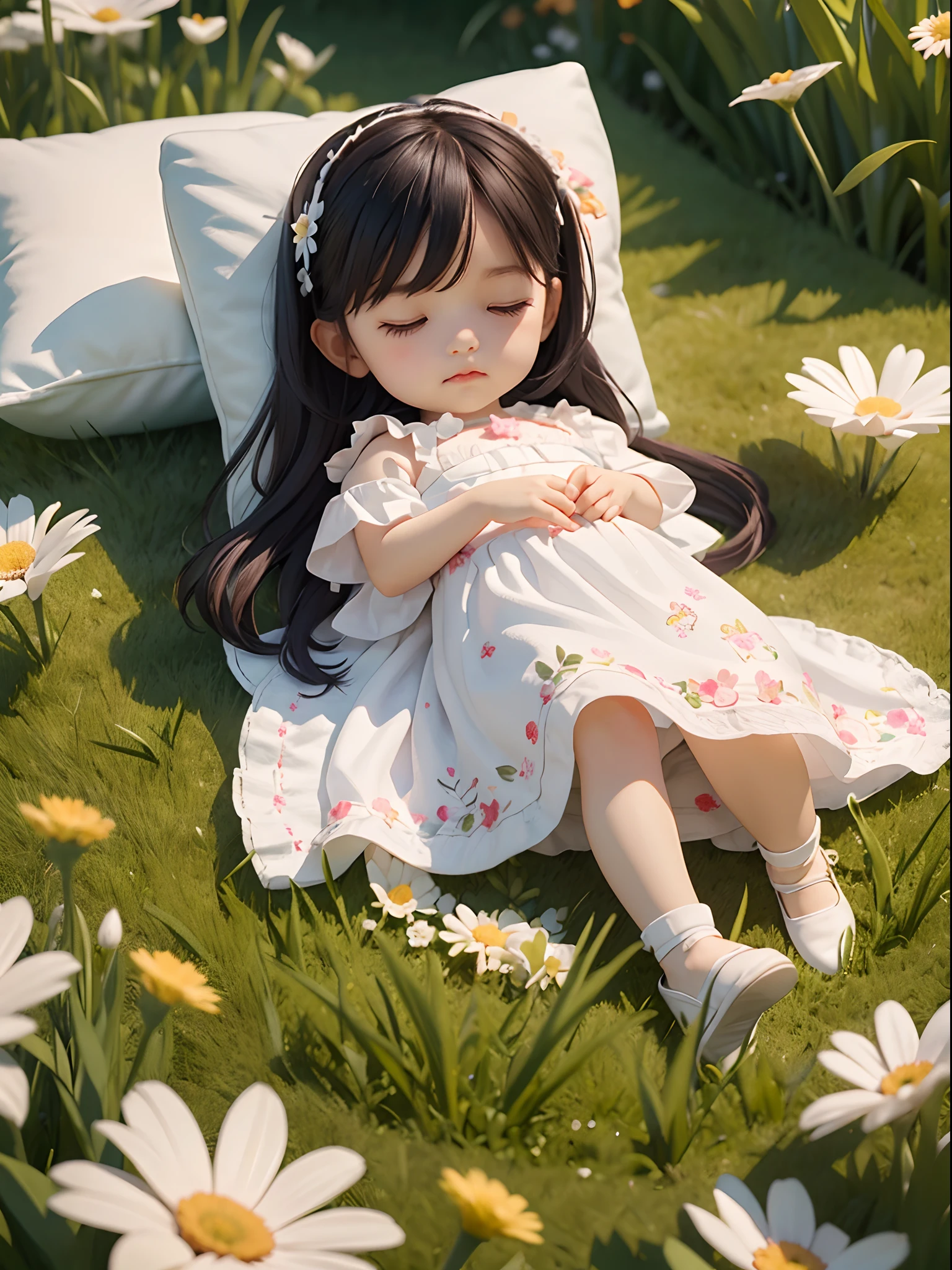 (wide angle view), (chibi), (depth of field), (highly detailed), (cute girl), (relax), (*****), A ****************, flowers, sleeping, Lying down on pillow, white dress, grass, long black hair, chibi, cute, midnight