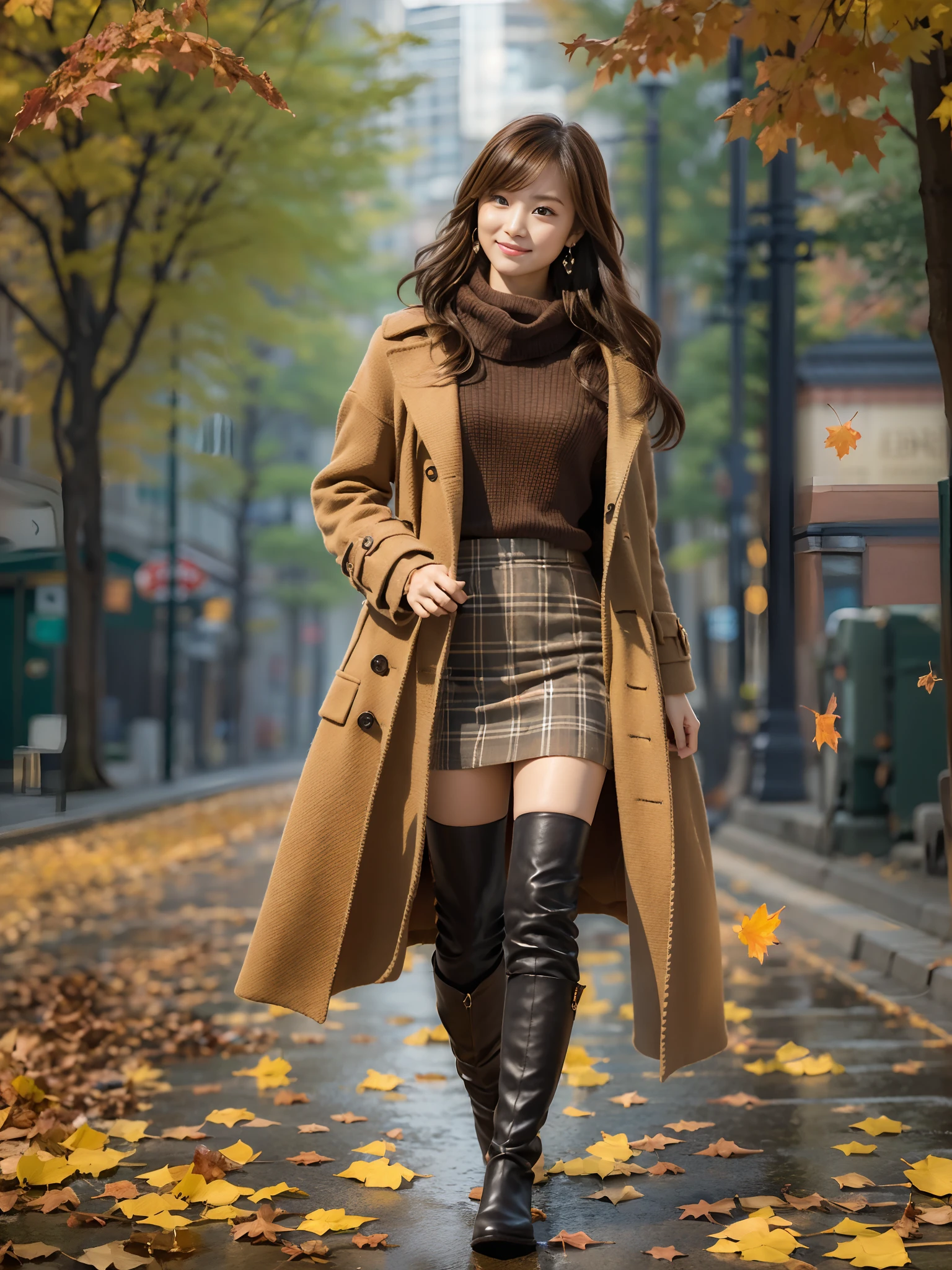 (Photorealistic), (Ultra High Realistic), (Ultra High Definition), (Ultra High Detailed), (Increase the contrast), (Increase the Saturation), (1girl), A pretty woman with perfect figure, cute face, beautiful countenance, (Lifelike face), Beautiful hairstyle, realistic eyes, beautiful detail, (real looking skin), Beautiful skins, enticing, The ultra -The high-definition, A hyper-realistic, Realistic, Very Detailed, (medium breasts:0.5), Japanese, Semi-long curly hair, bangs, (Brown hair), (slim figure), (Japanese cute Idol walking in a light brown wool coat and knee-high boots, tartan check miniskirt:1.3, Burberry, Burberry's check scarf:1.3, knit hat, fall-winter 2023-2024), (), gentle smile, brown hair, ( earrings ), (super model figure), from below:1.3, ginkgo trees, Long Street, magnificent ginkgo trees with autumn leaves lining both sides of the road, autumn, golden leaves, A road that looks golden with lots of fallen leaves:1.3, Full of fallen leaves:1.3