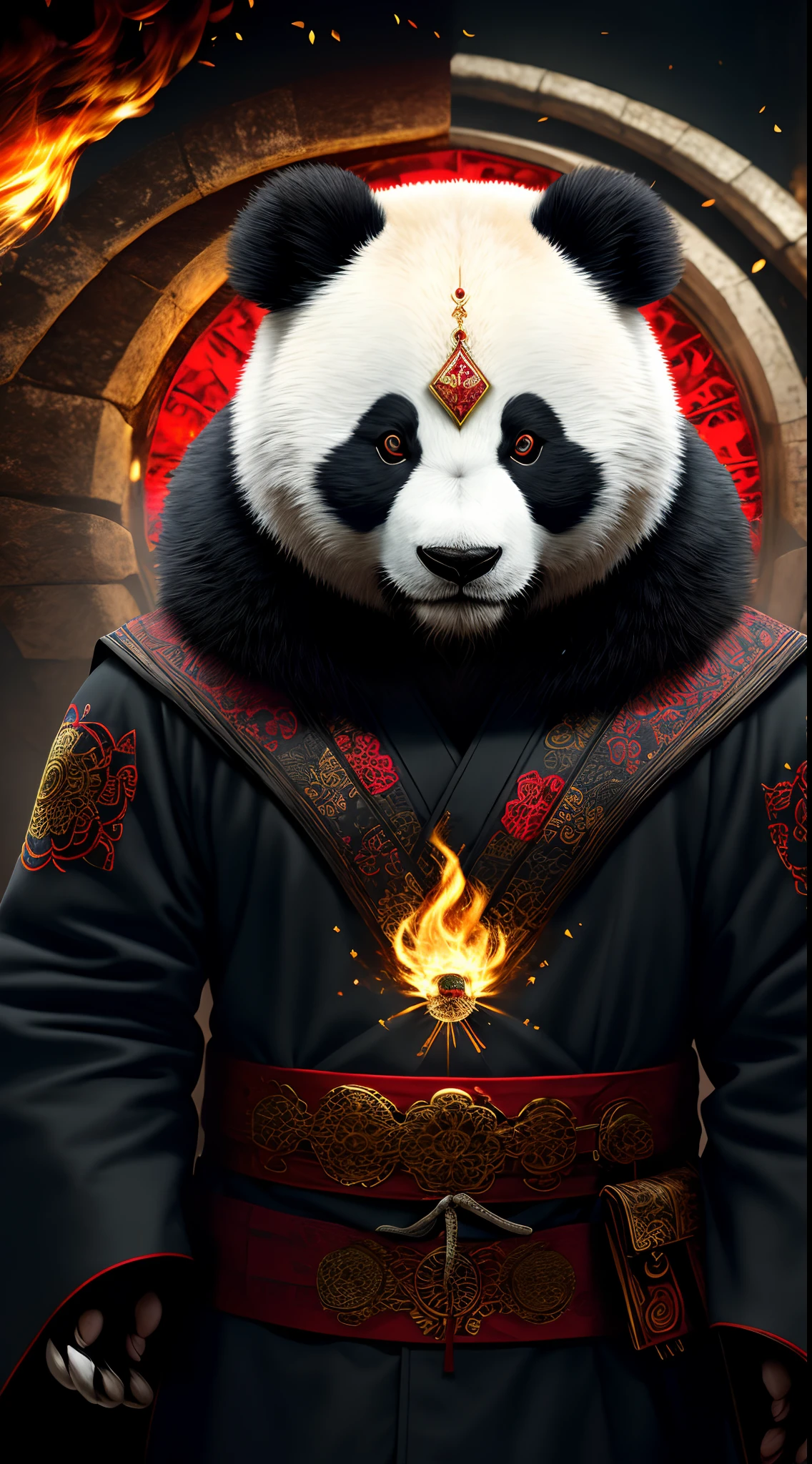 extremely detailed 8k wallpaper), intricate, richly detailed, dramatic, Panda bear with white kimono, ready for combat, Sinister face is drawn with only a pair of red eyes peeking underneath, graphics insanely, light is reflected in the ornaments, bright ashes ooze from the torches in the vaulted passage during the leisurely walk through the gloomy cathedral,  Show the whole person with some distance from the surroundings to get your own license.