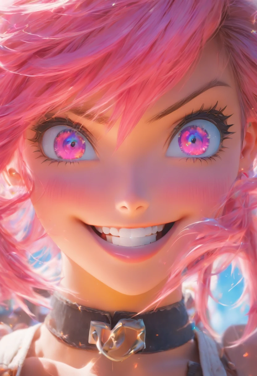 colored inner hair, pink hair, undercut, multicolored eyes, animal ears, makeup, light smile, cinematic lighting, cowboy shot, Nikon, masterpiece, anatomically correct, super detail, high details, high quality, award winning, best quality, 8k, highres
