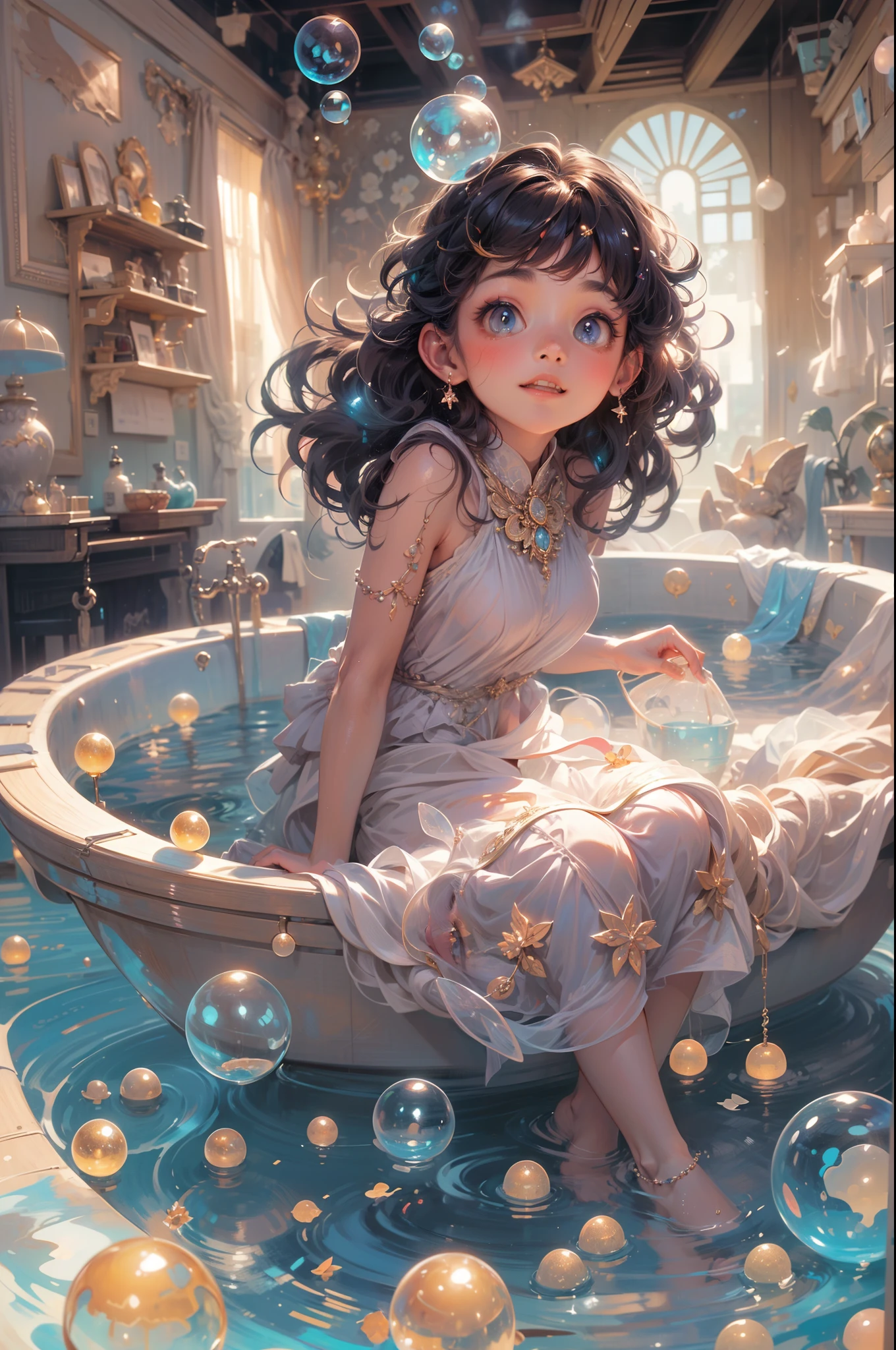 The cute girl  in the midst of a delightful bath, surrounded by an explosion of iridescent soap bubbles, Soft Lighting, accentuating the magical ambiance, sharp focus on the girl and the intricate details of the fairy house room, expression, reflecting the sheer joy and wonder of this magical experience, art by by Marc Simonetti & Yoji Shinkawa & WLOP, hyperdetailed artwork, creative, high_res