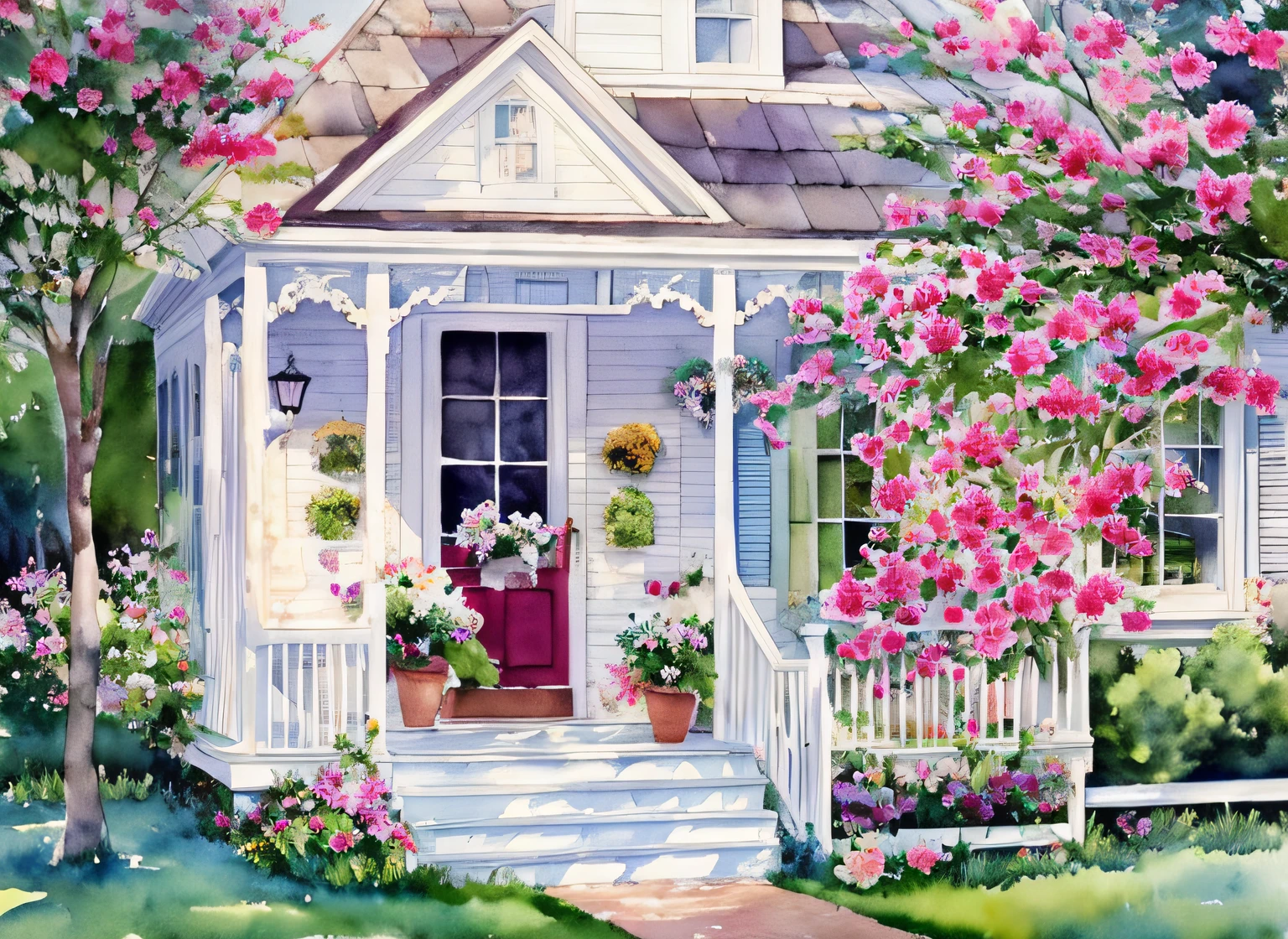 painting of a white house with a porch and a porch with flowers, detailed watercolor painting, by Nancy Spero, by senior artist, by Rhea Carmi, by Lynn Pauley, by Susan Heidi, beautiful artist rendering, watercolor detailed art, by Lorraine Fox, victorian setting, detailed watercolor, flowery cottage, watercolor colored painting, by Doris Blair, by Linda Sutton