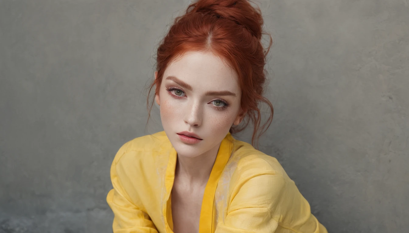 Red-haired woman sitting on concrete bench, hand in hair. Wearing yellow bra and pants. Low exposure, low lighting, unprofessional natural lighting, realistic lighting, hyper-realistic skin all over her, shot on iPhone, rough skin, rough visible details, extreme texture and sharpness on her entire skin, visible impurities, slight freckles, detailed skin texture, detailed skin pores, impurities on the face, details eyes, eyebrow details showing each individual hair, proper hands shown.