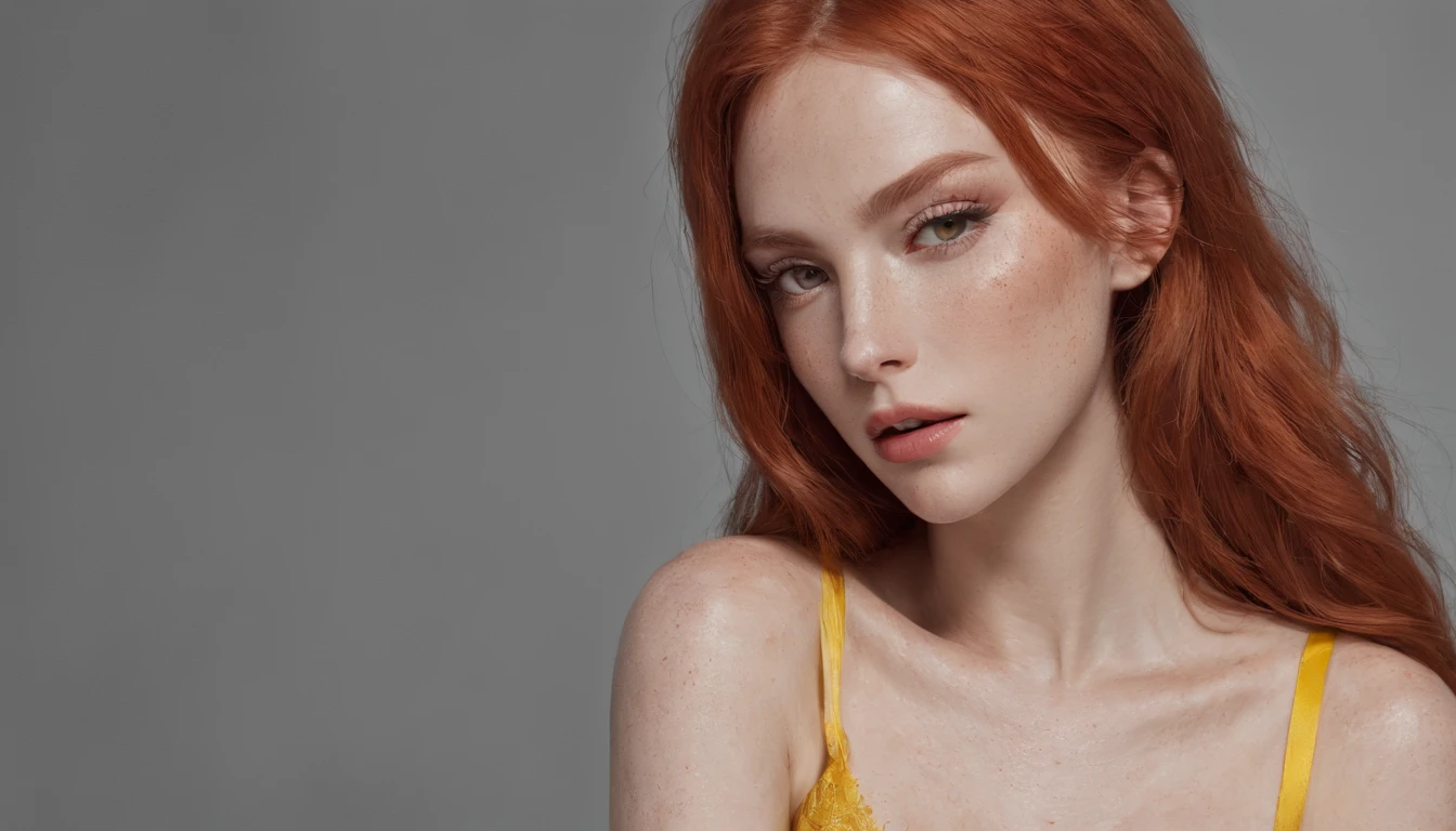 Red-haired woman sitting on concrete bench, hand in hair. Wearing yellow bra and pants. Low exposure, low lighting, unprofessional natural lighting, realistic lighting, hyper-realistic skin all over her, shot on iPhone, rough skin, rough visible details, extreme texture and sharpness on her entire skin, visible impurities, slight freckles, detailed skin texture, detailed skin pores, impurities on the face, details eyes, eyebrow details showing each individual hair, proper hands shown.
