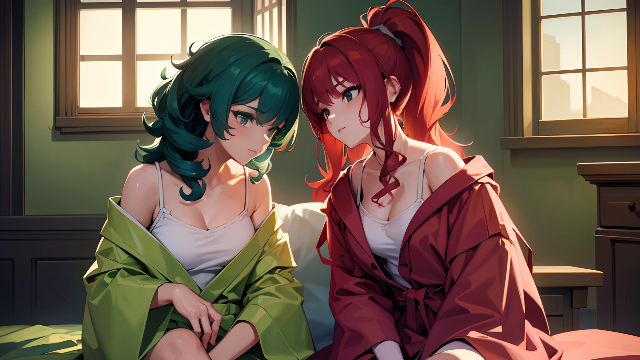 masterpiece, lots of detail, 4k, 8k, ((ultra-detailed)), highres, soft lighting, 2girls, living room, bathrobe, wet hair, blush, {green hair|red hair|multicolored hair|white hair}, {curvy|petite}