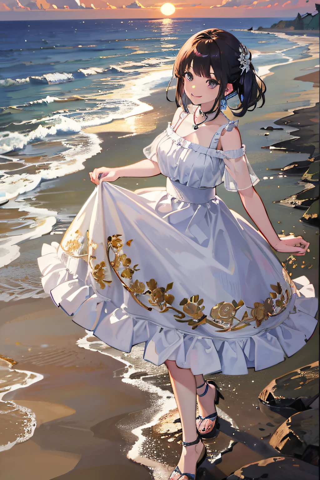 garota, anime, praia, por do sol, caminhada, vestido longo, chapeu de palha, fofo, sorriso suave, Movimentos destacados, HighBeds Pose