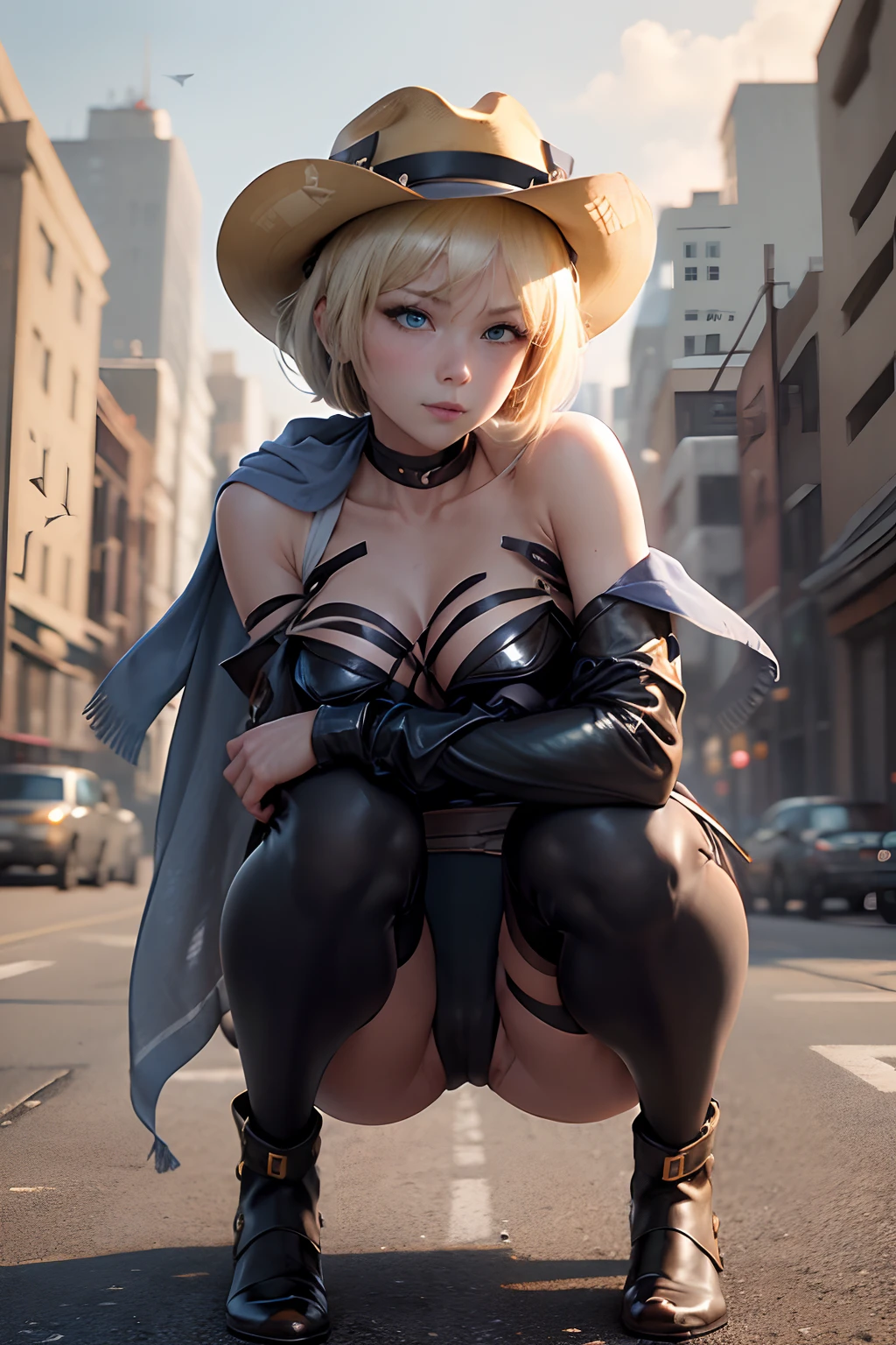 NSFW、top-quality、Top image quality、8K picture quality、gunman、girl with、1 persons、((full-shot))、blonde hair、a pixie cut、brown cowboy hat、A smile、Embarrassing、red blush、Blue eyes、slightly slanted eyes、((Yellow scarf around the neck))、Colossal tits、(Dark blue latex)、High Neck Leotard High Leg、Beautiful thighs、(Black latex)、knee high、(Brown enamel)、long boots、(pin heels)、(White enamel gloves)、((Gun belt at waist))、(There is a gun on the belt)、((Squatting on the ground))、((Open your crotch wide from side to side))、((Opening legs))、Western cityscape、Wasteland、((I have an old handgun))