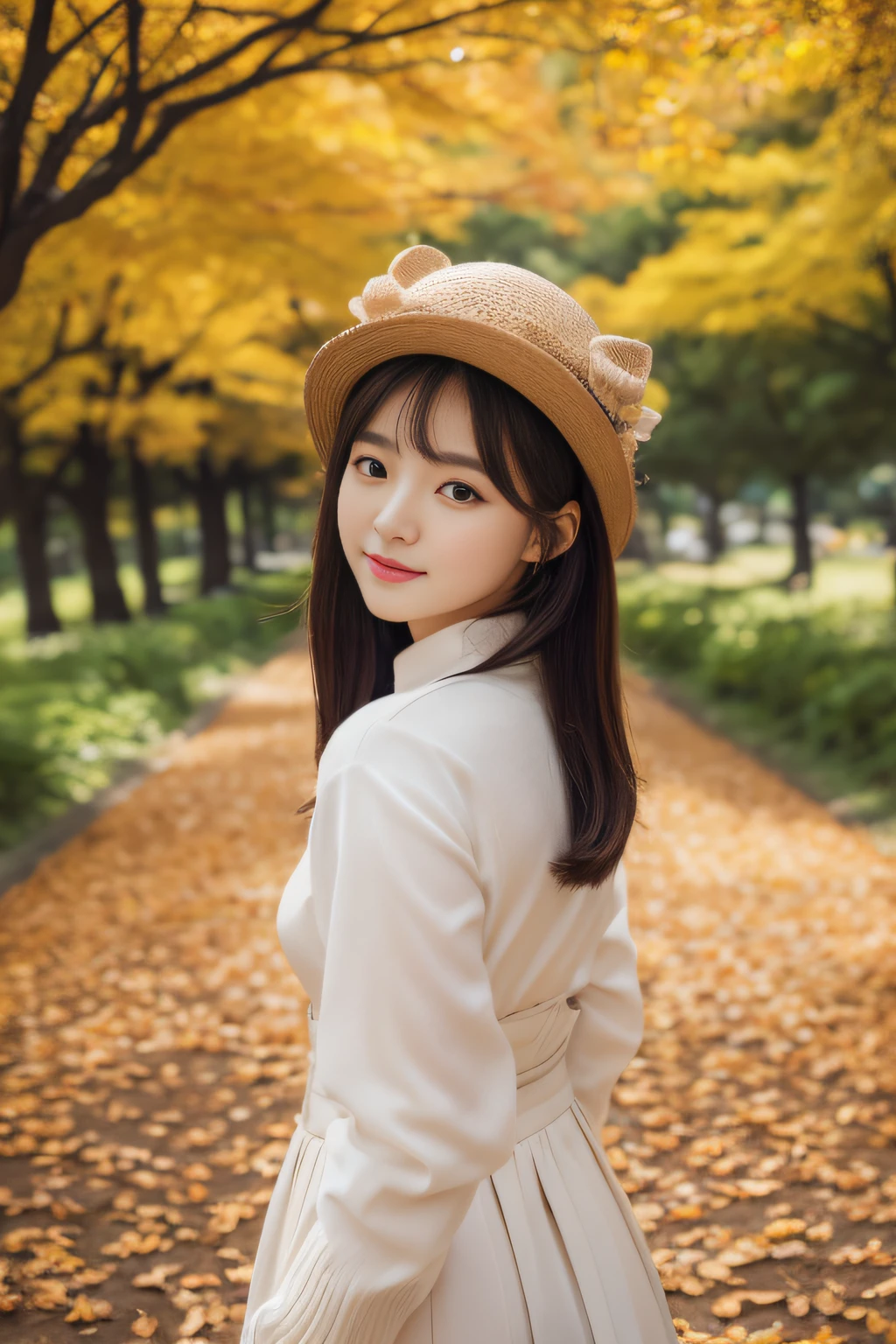 (​masterpiece、high-level image quality、hightquality)、Korean Women、Beautiful、cute little:1.5、Clear black eyes、Beautiful skin、Beautiful limbs、Excellent style、Autumn costume、Autumn in Korea、Beautiful Landscapes、