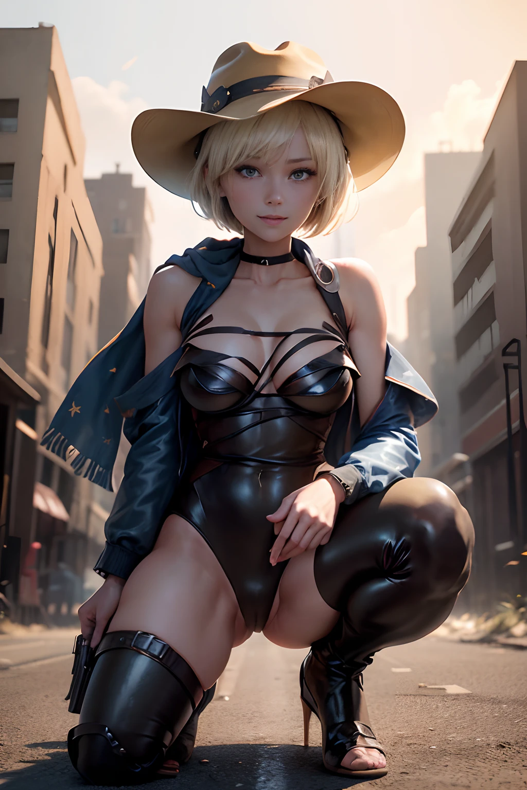 NSFW、top-quality、Top image quality、8K picture quality、gunman、girl with、1 persons、((full-shot))、blonde  hair、a pixie cut、brown cowboy hat、A smile、Embarrassing、red blush、Blue eyes、slightly slanted eyes、((Yellow scarf around the neck))、Colossal tits、(Dark blue latex)、High Neck Leotard High Leg、Beautiful thighs、(Black latex)、knee high、(Brown enamel)、long boots、(pin heels)、(White enamel gloves)、((Gun belt at waist))、(There is a gun on the belt)、((Squatting on the ground))、((Open your crotch wide from side to side))、((Opening legs))、Western cityscape、Wasteland、((I have an old handgun))