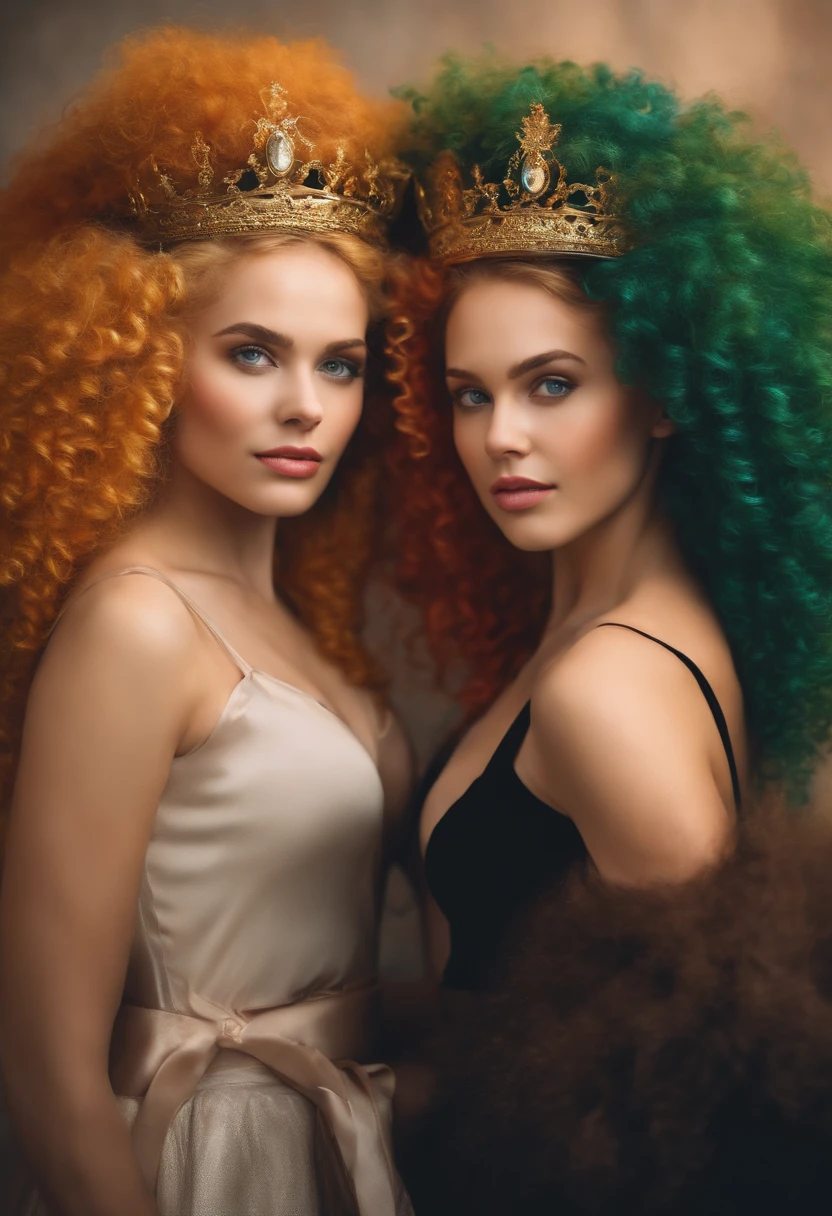 Curly blonde girl and her twin sister next door, both with crowns on their heads