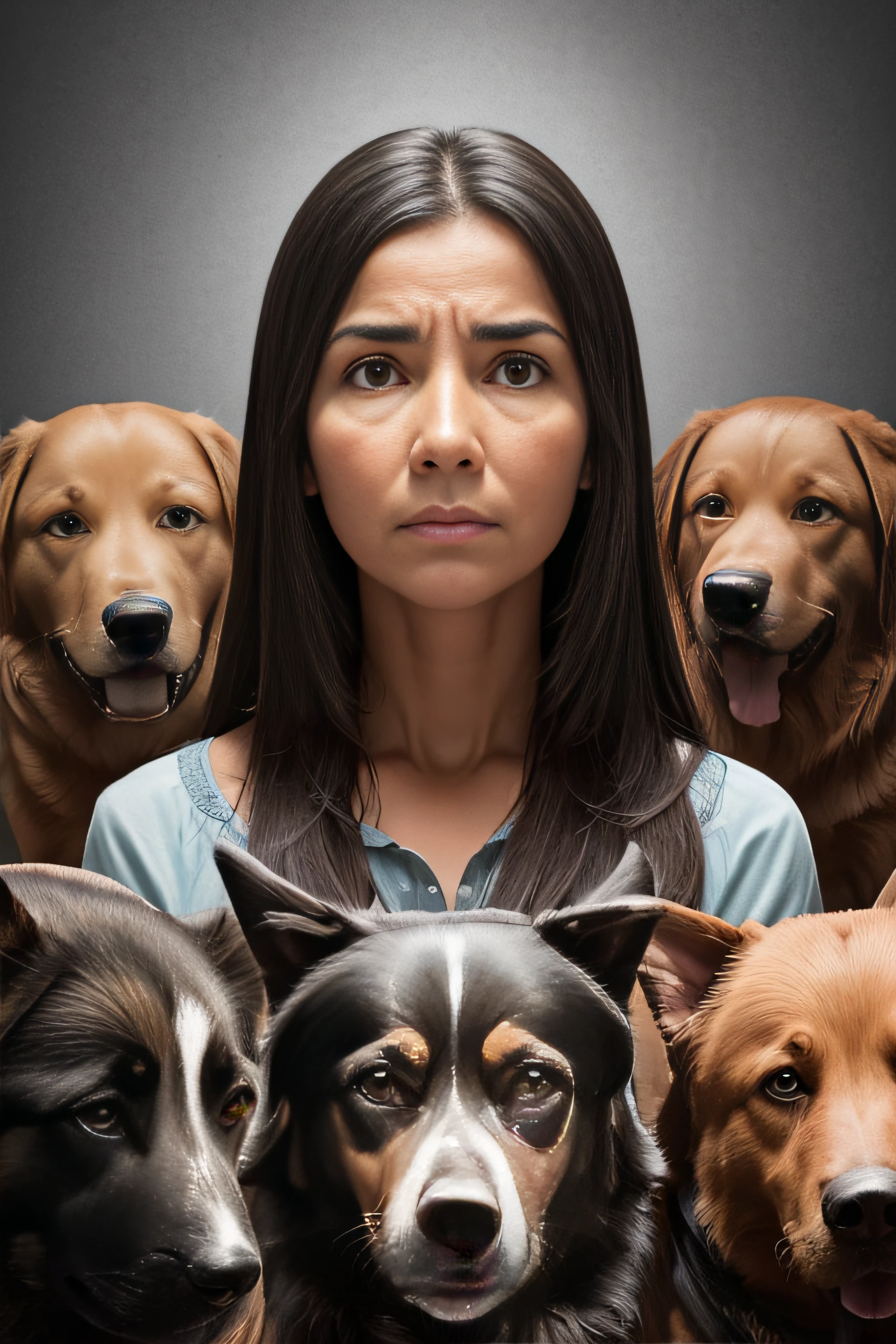 A very worried woman centered at a distance in the image with several dogs around her, The face must be frontal with the gaze that stares at the viewer, the image must be disturbing and captivating