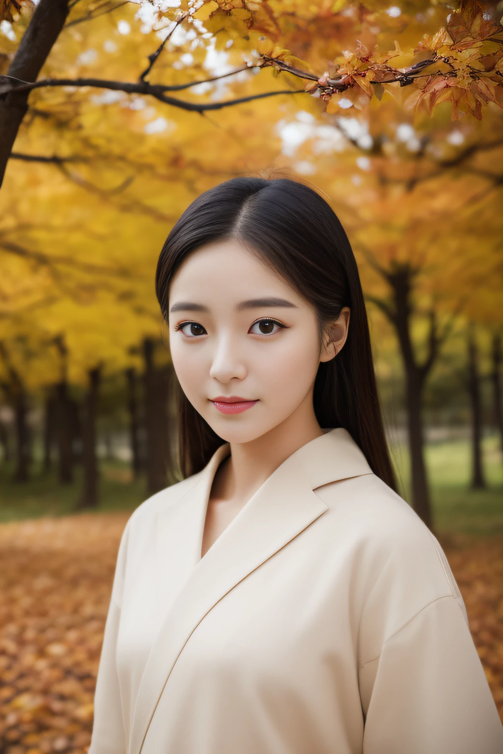 (​masterpiece、high-level image quality、hightquality)、Korean Women、Beautiful、cute little:1.5、Clear black eyes、Beautiful skin、Beautiful limbs、Excellent style、Autumn costume、Autumn in Korea、Beautiful Landscapes、