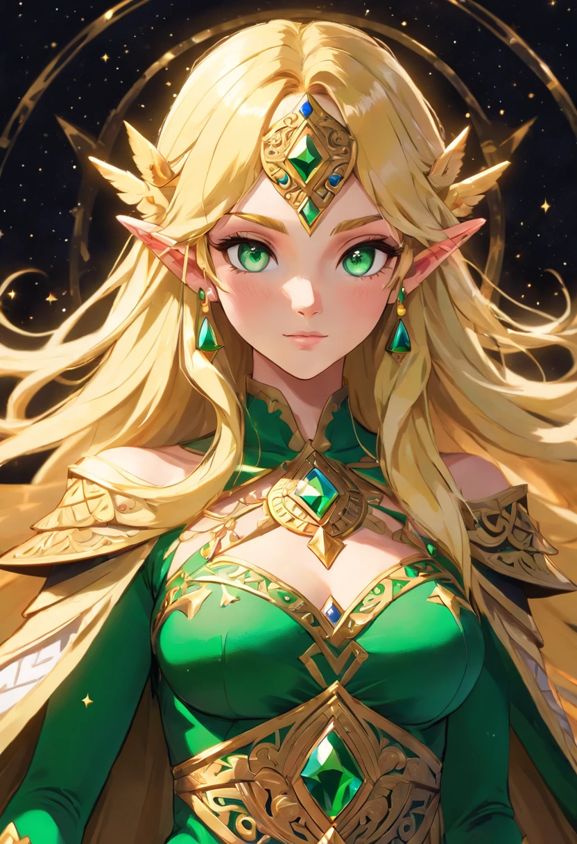 golden elf, golden hair, golden clothes, elf race, detailed eyes, detailed face, royal costume, with a power of light, smiling, (best quality, masterwork: 1.2), vivid colors, luminous lighting, bright golden tone .