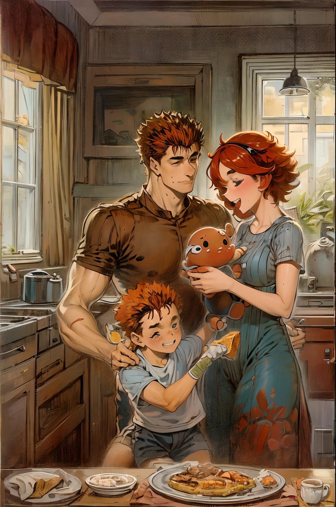 suletta, guts, couple, husband and wife, suletta motherly, house wife, mother and son, children , family, happy, red hair suletta,family breakfest, black hair guts