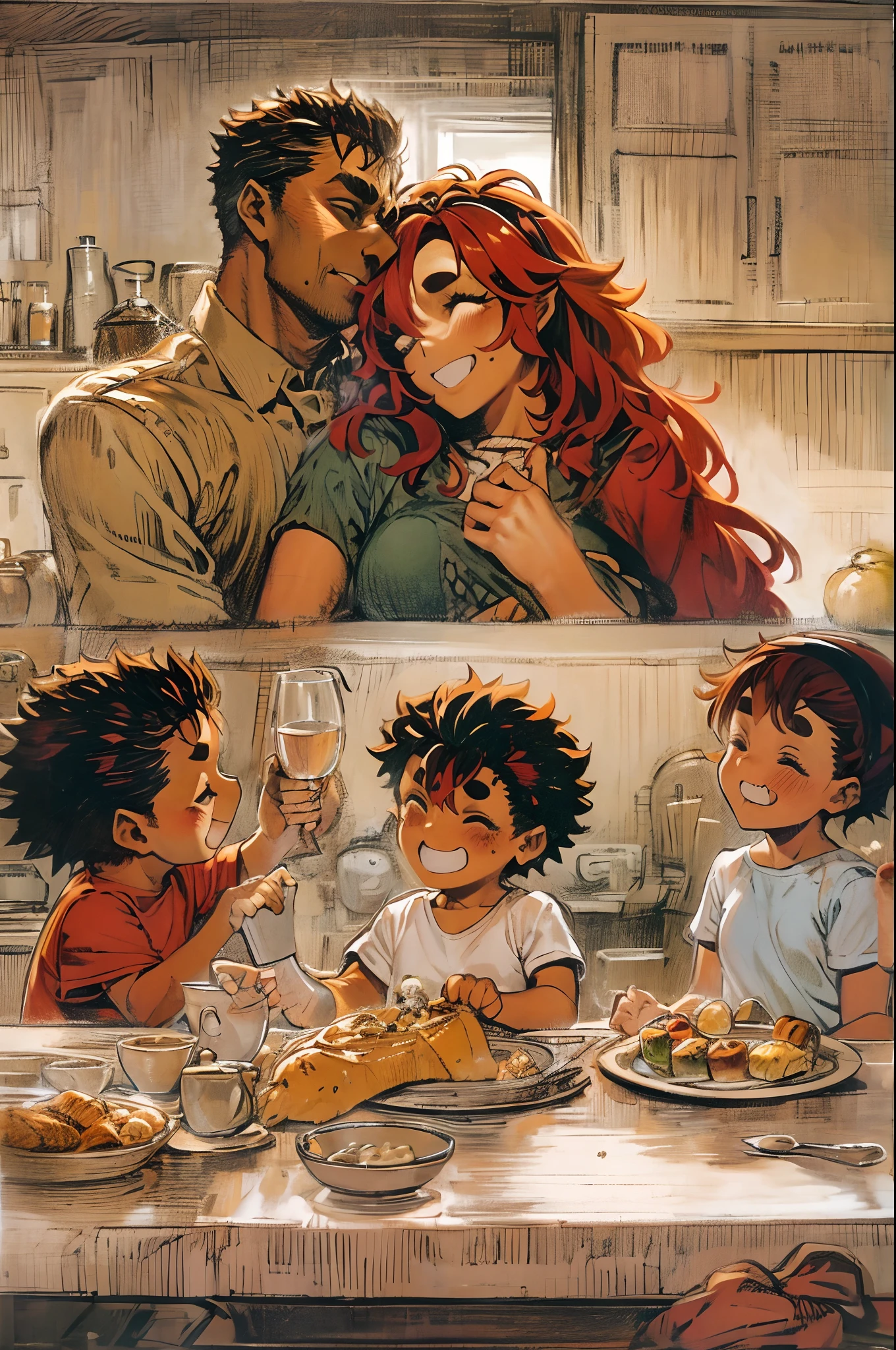 suletta, guts, couple, husband and wife, suletta motherly, house wife, mother and son, children , family, happy, red hair suletta,family breakfest, black hair guts