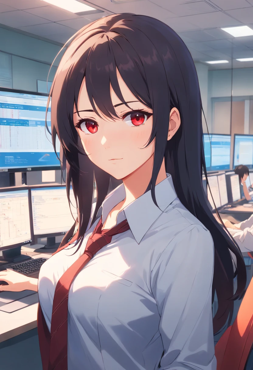1Mommy with black long hair, red eyes,white skin big breast hot looking wear office clothes look at the viewer 8k masterpiece at the office