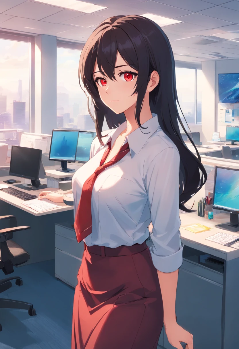 1Mommy with black long hair, red eyes,white skin big breast hot looking wear office clothes look at the viewer show her butt 8k masterpiece at the office