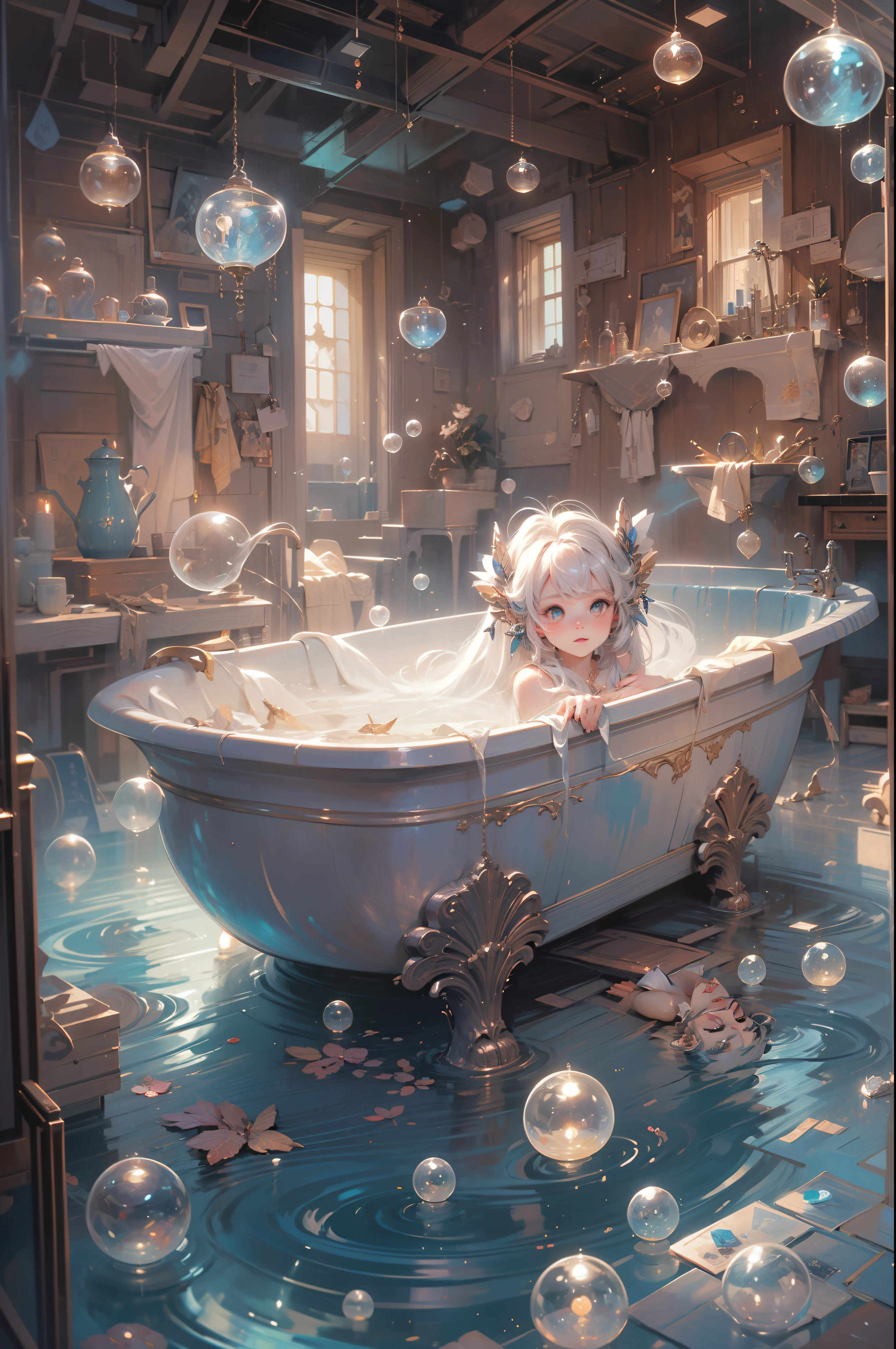 The cute girl  in the midst of a delightful bath, surrounded by an explosion of iridescent soap bubbles, Soft Lighting, accentuating the magical ambiance, sharp focus on the girl and the intricate details of the fairy house room, expression, reflecting the sheer joy and wonder of this magical experience, art by by Marc Simonetti & Yoji Shinkawa & WLOP, hyperdetailed artwork, creative, high_res