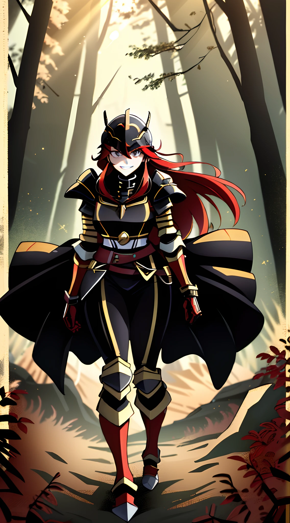 ((Masterpiece, Best Quality)): 1Girl, Princess Ryuko matoi wearing Heavy red black and gold Knight Armor, black knight shoulder pauldrons, heavily armored black knight helmet, heavy mech armor, draconian armor, cyber armor red and black, gold belt, heavy red black dress, long hair, long tapered red dress with gold and black highlights, princess armor, long flowing black dress with red highlights and gold waist belt, red mechsuit, looking at viewer at eye-level, full-body, forest background, forest background with large mountains, heavy armored black gold and red dress, looking at viewer with closed smirk,