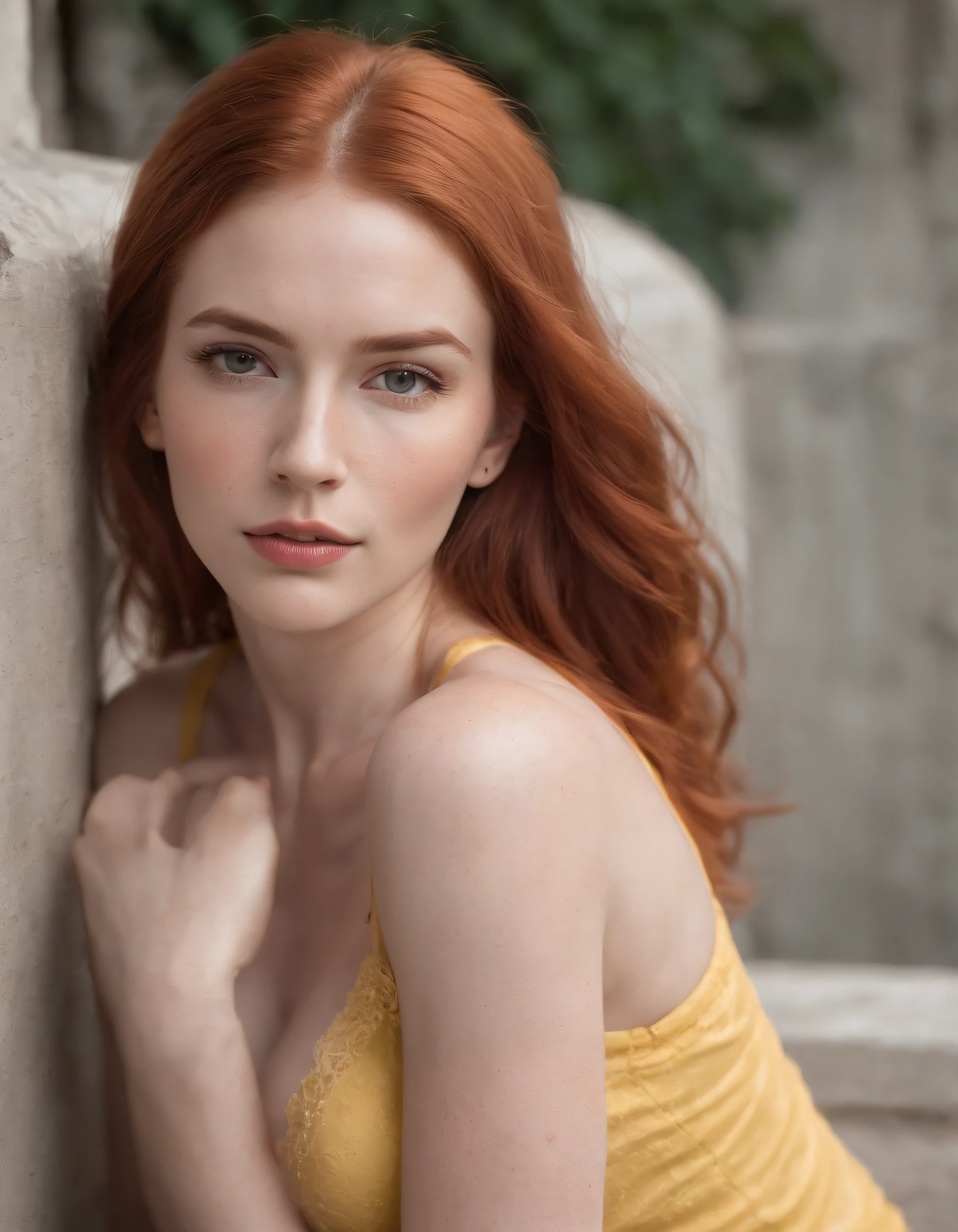 Red-haired woman sitting on concrete bench, hand in hair. Wearing yellow bra and pants. Low exposure, low lighting, unprofessional natural lighting, realistic lighting, hyper-realistic skin all over her, shot on iPhone, rough skin, rough visible details, extreme texture and sharpness on her entire skin, visible impurities, slight freckles, detailed skin texture, detailed skin pores, impurities on the face, details eyes, eyebrow details showing each individual hair,