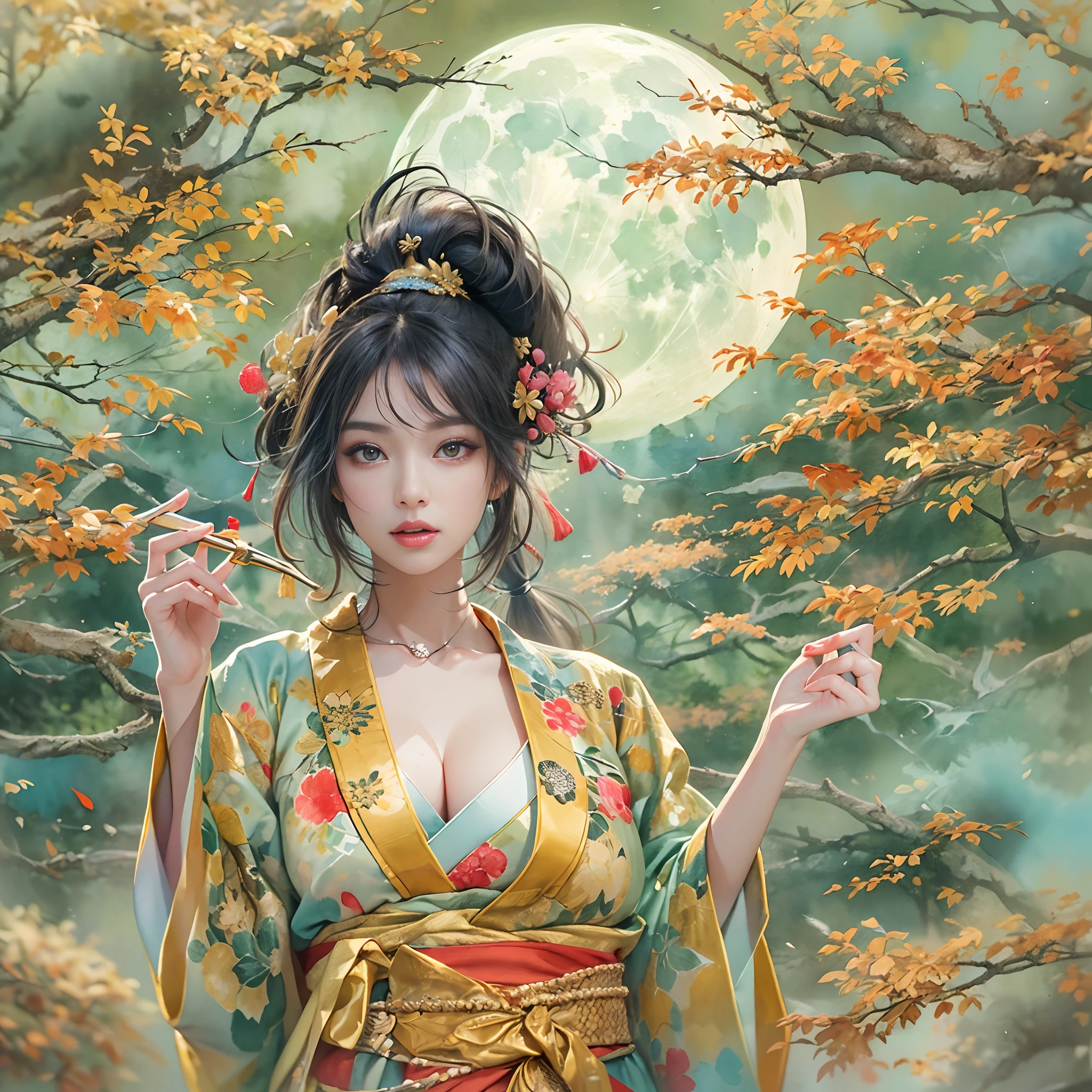 watching at viewers、Background with((The ancient capital of Japan:1.2)And the moon、((dense background))、(Colorful:0.8),,(Solo:1.2), (Ink splashing),(splashes of colour),((watercolor paiting))),BREAK {{{Luxury kimono(Colorful kimono(Detailed golden embroidery,))}}}、face perfect,Depict a beautiful and graceful woman of Japan。(poneyTail:1.5)、Woman with shiny black hair、perfect hand、Heart in the eye,Large breasts,cleavage between breasts,full body Esbian。 Wallpaper 8K, .Blur the background with a sickle,((masutepiece)), ((Best Quality)),epicd(Lige Fries Photography、sony a7、50 millimeters、pores:1.5、Farbe、ultra-detailliert:1.5、film grains:1.4、hyper realisitic:1.5)、octan render、 ultra realistic lifelike textures、​masterpiece、unrealengine5、the Extremely Detailed CG Unity 8K Wallpapers、Madly detailed photo、Ultra-realistic light、(Pulitzer Prize for Best Photography、Taylor Wessing Award for Best Photography)