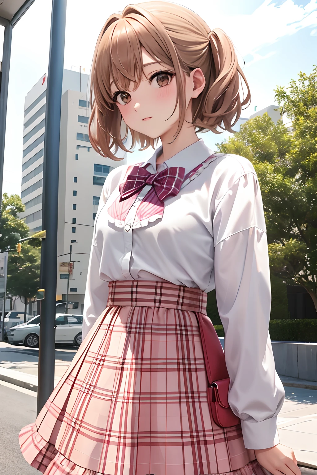 Chica anime pelo corto de color rosa, blusa blanca, light brown checkered bow, Light brown plaid skirt, chaqueta de punto grande, de pie, mirando al frente, fondo blanco