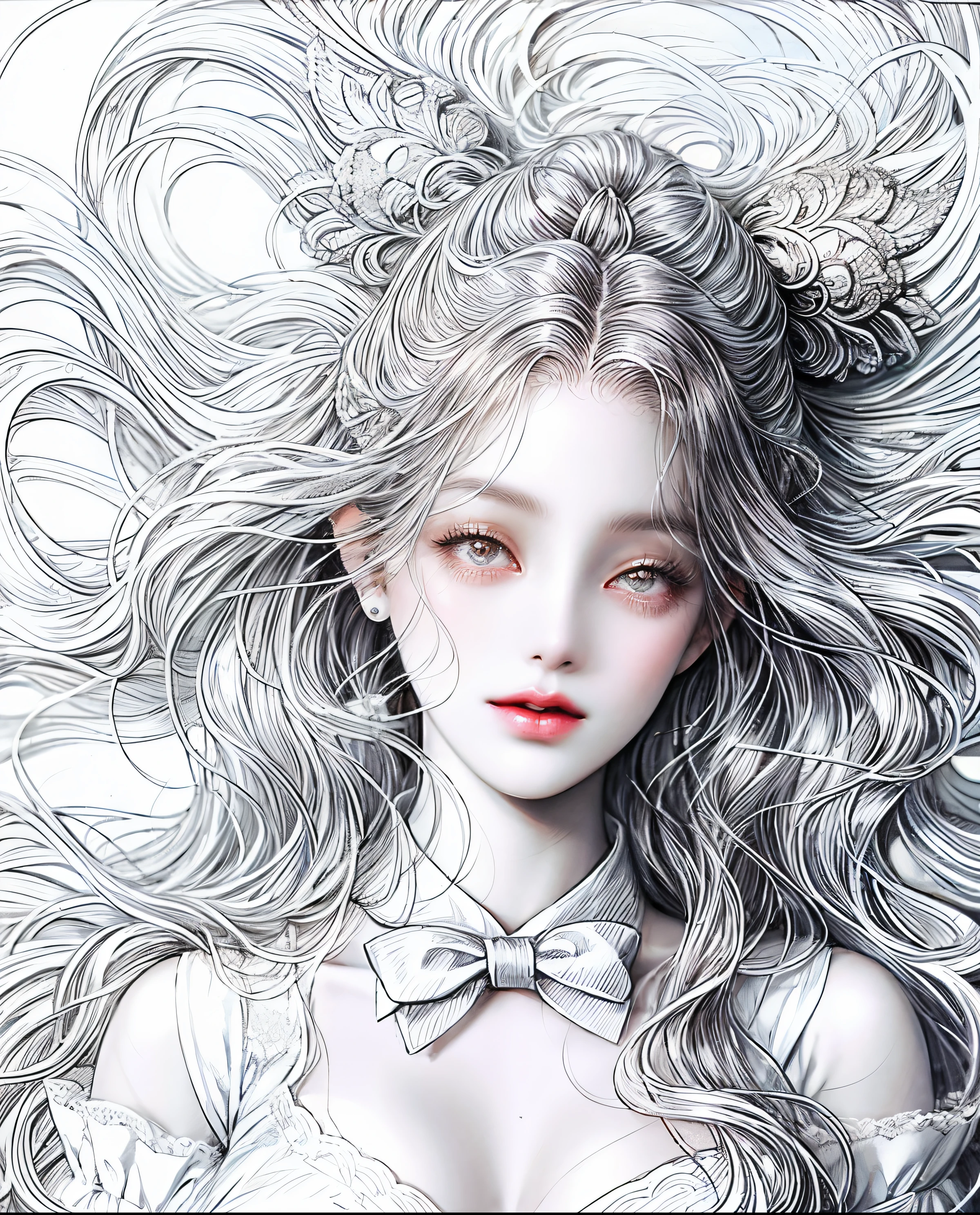 a drawing of a girl with long hair and a bow tie, pencil and ink manga drawing, large eyes and flowing long hair, detailed manga style, a manga drawing, beautiful line art, manga art style, detailed portrait of anime girl, ink manga drawing, in style of manga, manga illustration, manga drawing, realistic line drawing, anime girl with long hair