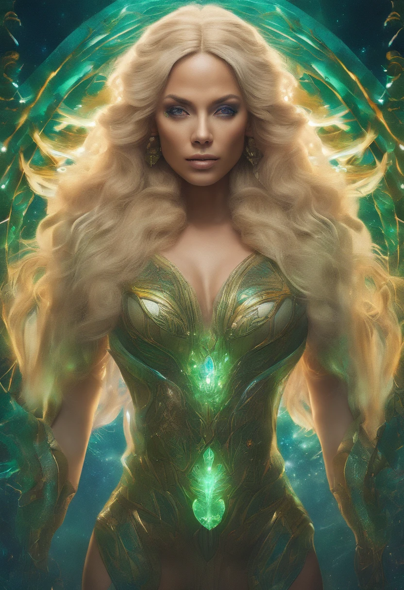 (RAW Photo, best quality), (Hyper Realistic),16k,(realistic, photo-realistic:1.5), Masterpiece,ultra high res, Stunning, Beautiful Milf Latin Brazilian Woman Goddess of Multiverse, Impossing Pose, Athletic Body, Suntan Skin, Wearing Egyptian Jewels Futuristic Cut Armor and Cloak with Intricate Isometric Fluid Galaxy Bioluminescence Effects, symmetrical, with Galaxies orbiting her body, perfect detailed face, detailed symmetric circular Green iris pupils, ((Gorgeous Long Blonde Fluid Hair)), high detailed Skin, Realistic, intricately detailed, cinematic, Isometric, awesome full color, gritty, mucha, klimt, 16k, hight definition, cinematic, neoprene, behance contest winner, portrait featured on unsplash, smooth, ultra high definition, ultra sharp focus, intricate artwork masterpiece, ominous, epic, TanvirTamim, trending on artstation, highly detailed, vibrant