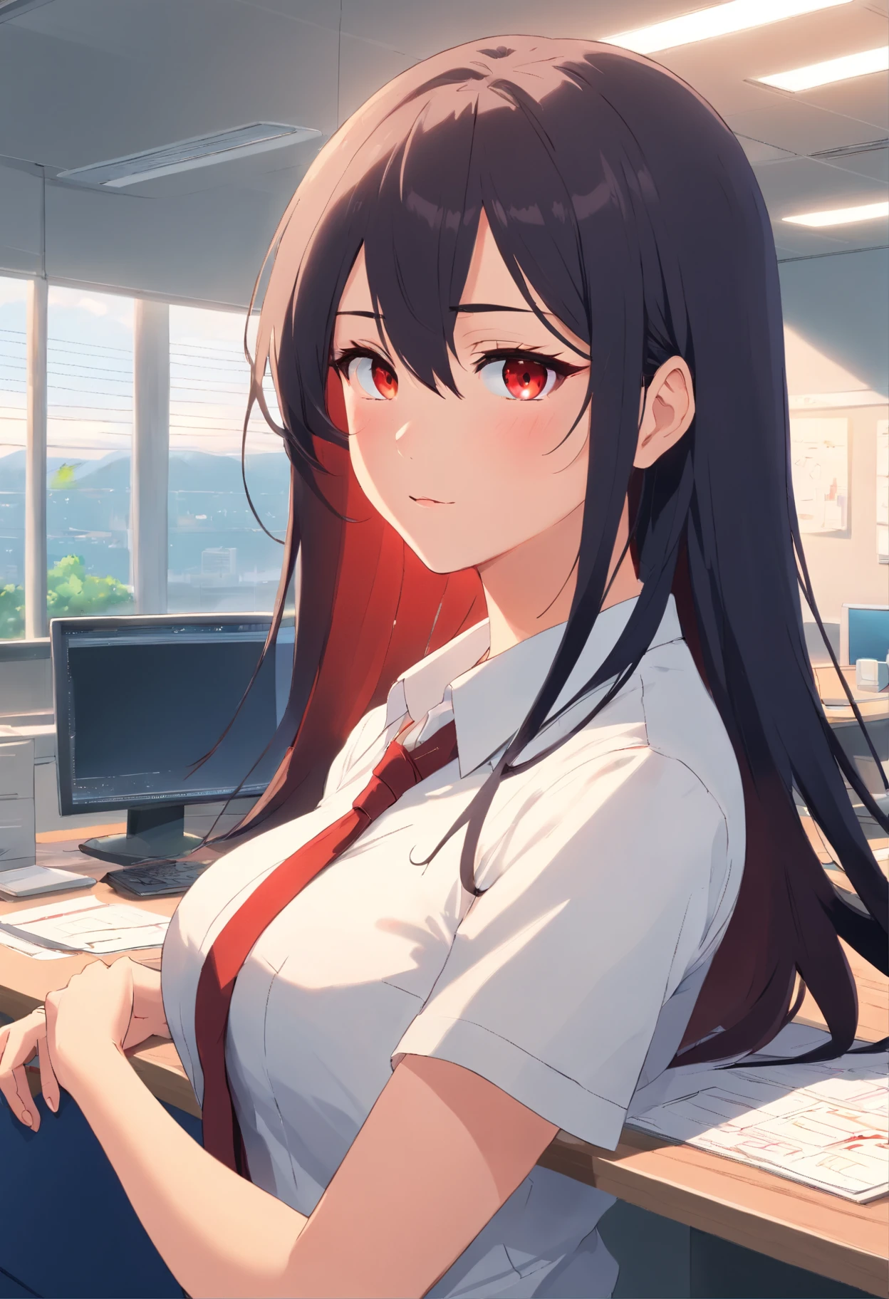 1Mommy with black long hair, red eyes,white skin big breast hot looking wear office clothes look at the viewer 8k masterpiece at the office