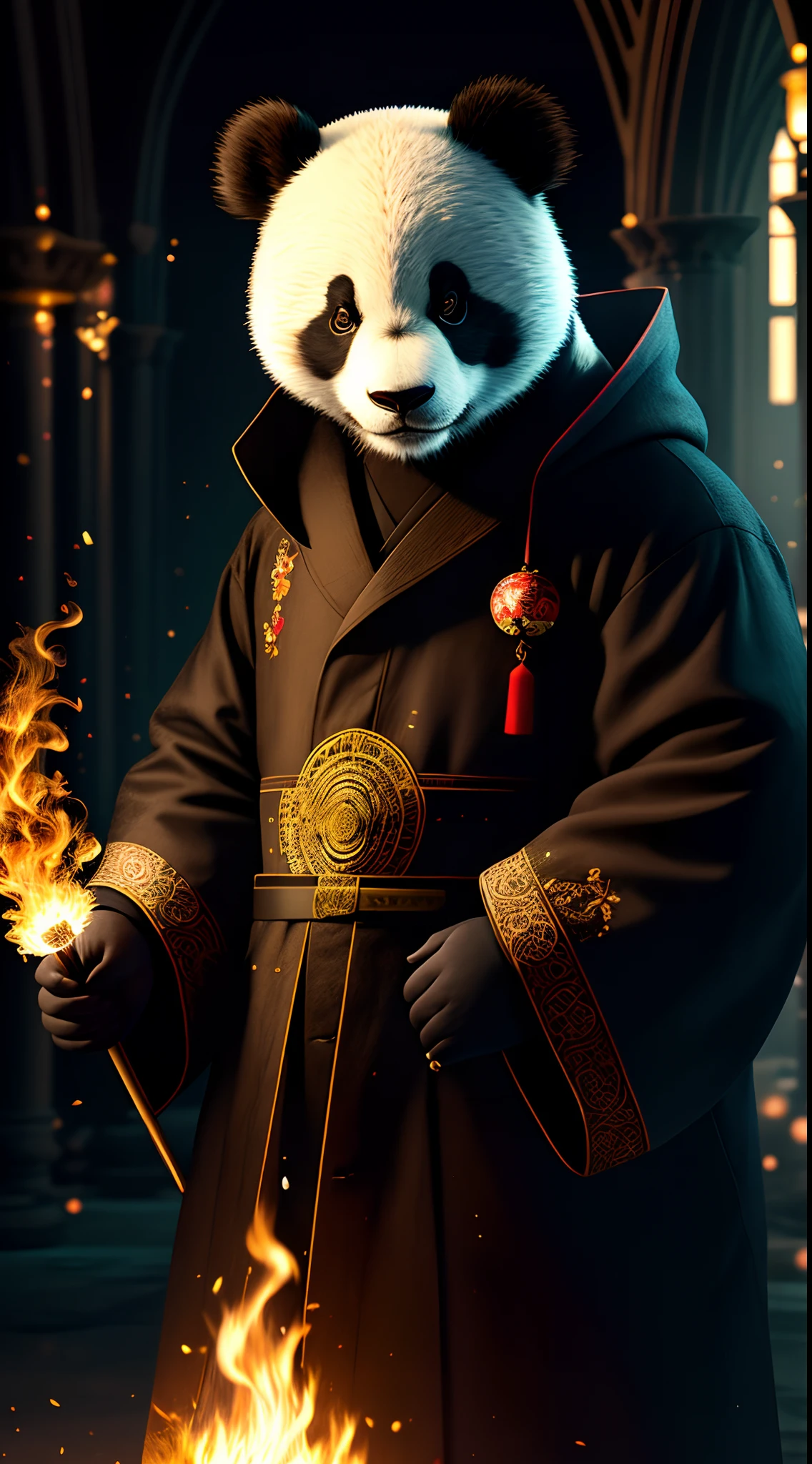 extremely detailed 8k wallpaper), intricate, richly detailed, dramatic, Panda bear with white kimono, ready for combat, Sinister face is drawn with only a pair of red eyes peeking underneath, graphics insanely, light is reflected in the ornaments, bright ashes ooze from the torches in the vaulted passage during the leisurely walk through the gloomy cathedral,  Show the whole person with some distance from the surroundings to get your own license.