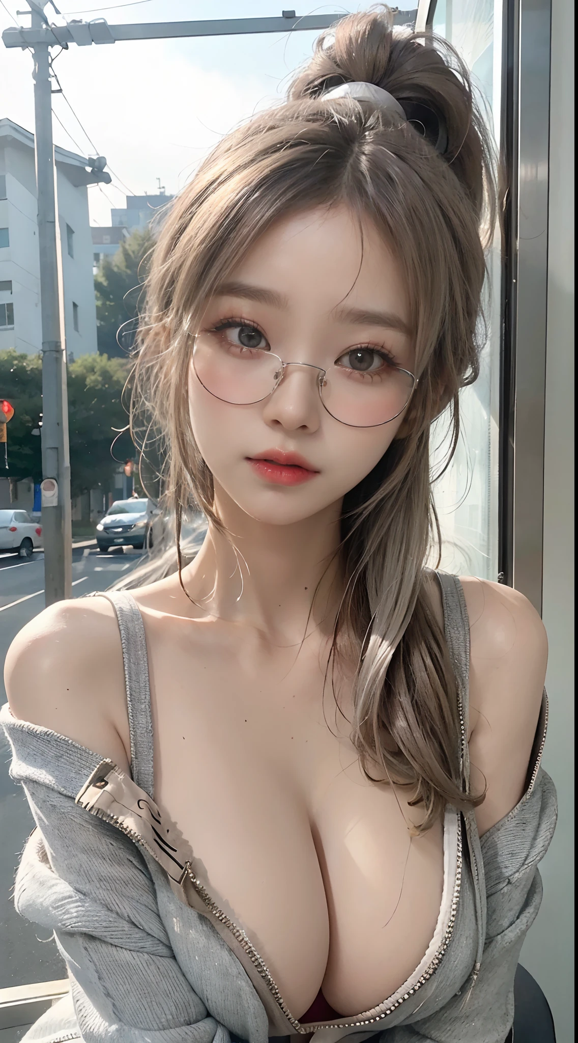 Top image quality、Raw photography、超A high resolution、18-year-old Korean、Glasses beauty、Colossal tits:1.5、cleavage of the breast:1.6、Healthy complexion、shiny white skin、((pony tail hair))、((Light brown silver hair))、Beautiful eyes with random colors、very thin lips、beautiful eyes finely detailed、elongated eyes、pale pink blush、long eyeslashes、Beautiful double eyelids、eyeshadows、耳Nipple Ring、(Fashionable glasses、One Piece Hoodie, Parker with Chuck Open、The shoulders are completely exposed、No underwear、Chest hidden by hoodie)、street snap、(Emphasize cleavage、Photograph the whole body)