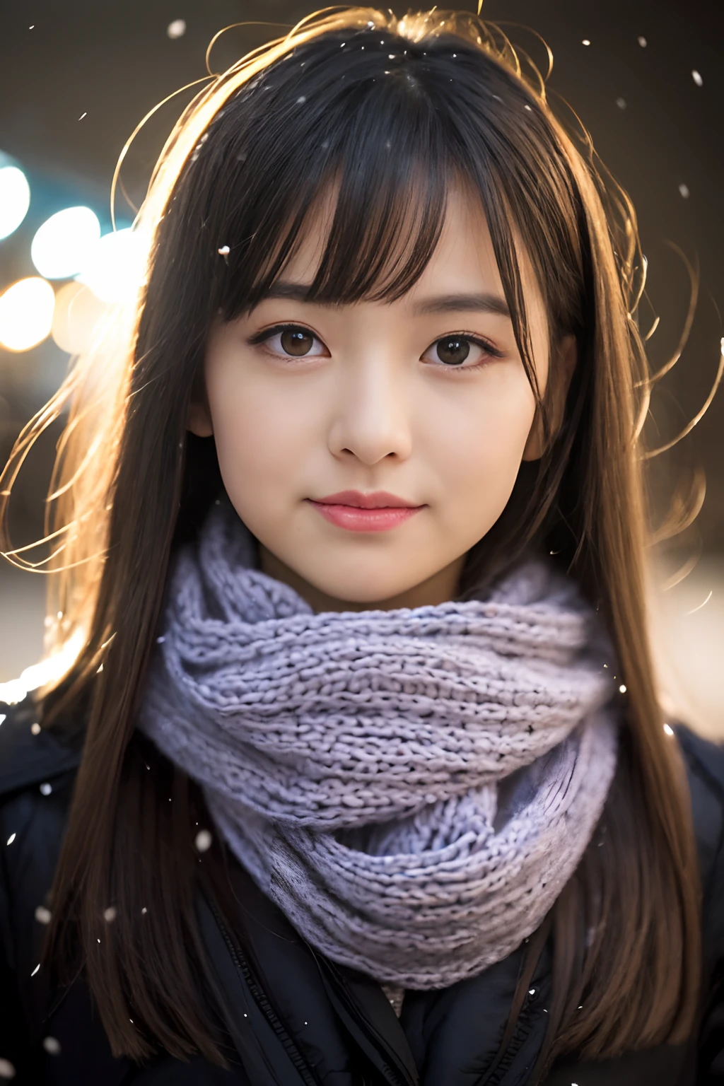 ((Show face only、Close-up of face、no-makeup))、(realisitic、Photorealsitic、ultra-detailliert、Highest Details Skins、top-quality、​masterpiece、超A high resolution)、Cute Japan Woman、、hi-school girl、younggirl、1 girl in、I have bangs、二重まぶた、drooing eyes、Large black eyes、Japanese style face、ssmile、Charming、purity、Straight face、double tooth、View here、Realistic skin type、Thick muffler、Grey muffler、fluffy hair、((Hair is inside the scarf:1.3))、Red cheeks、The wind is blowing、It's snowing、illuminations、Lighting from behind