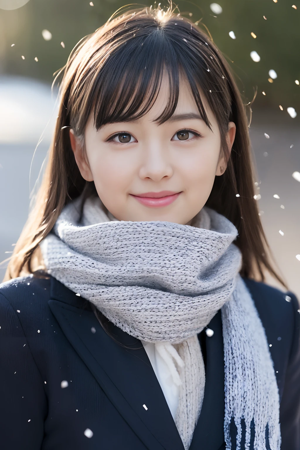 ((Show face only、Close-up of face、no-makeup))、(realisitic、Photorealsitic、ultra-detailliert、Highest Details Skins、top-quality、masterpiece、超A high resolution)、Cute Japan Woman、、hi-school girl、younggirl、1 girl in、I have bangs、二重まぶた、drooing eyes、Large black eyes、Japanese style face、ssmile、Charming、purity、Straight face、double tooth、View here、Realistic skin type、Thick muffler、Grey muffler、fluffy hair、((Hair is inside the scarf:1.3))、Red cheeks、The wind is blowing、It's snowing、illuminations、Lighting from behind