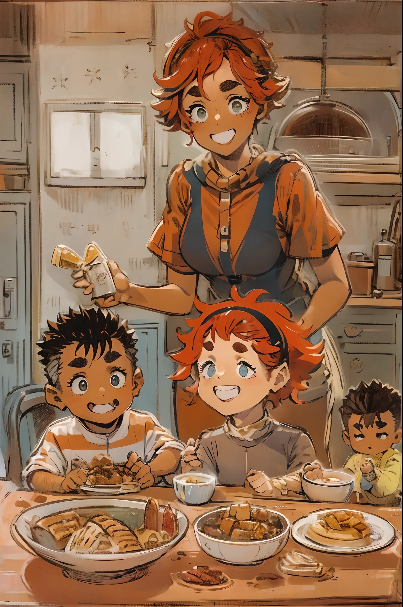 suletta, guts, couple, husband and wife, suletta motherly, house wife, mother and son, children , family, happy, red hair suletta,family breakfest, black hair guts